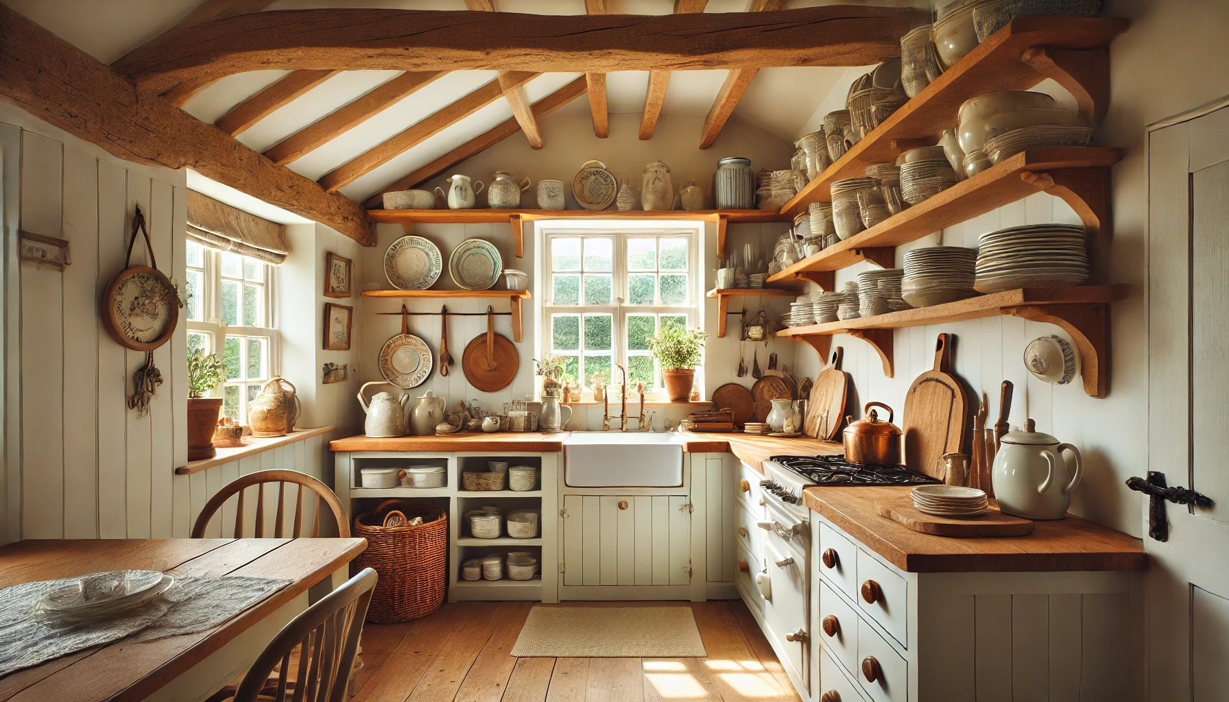 A bright, open cottage kitchen with exposed shelving, vintage crockery, and natural wooden countertops.