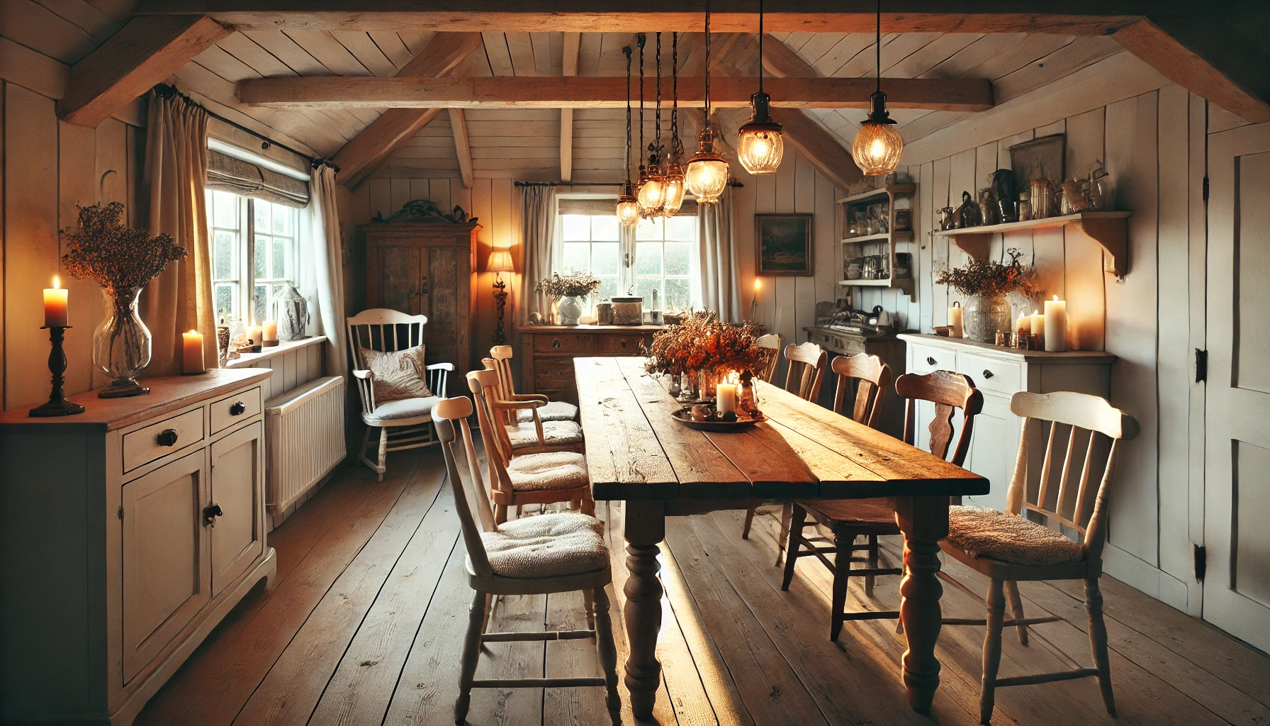 A cottage dining room with a large wooden table, mismatched vintage chairs, and soft lighting for a cozy atmosphere.