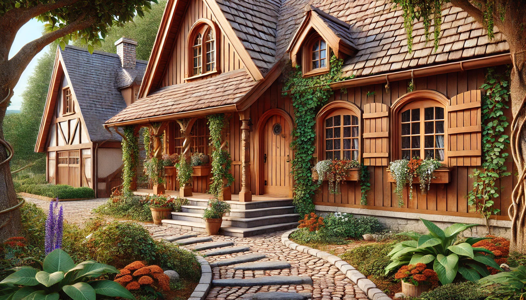 A cottage home exterior with wooden shingles, a stone pathway, and climbing plants around the windows.