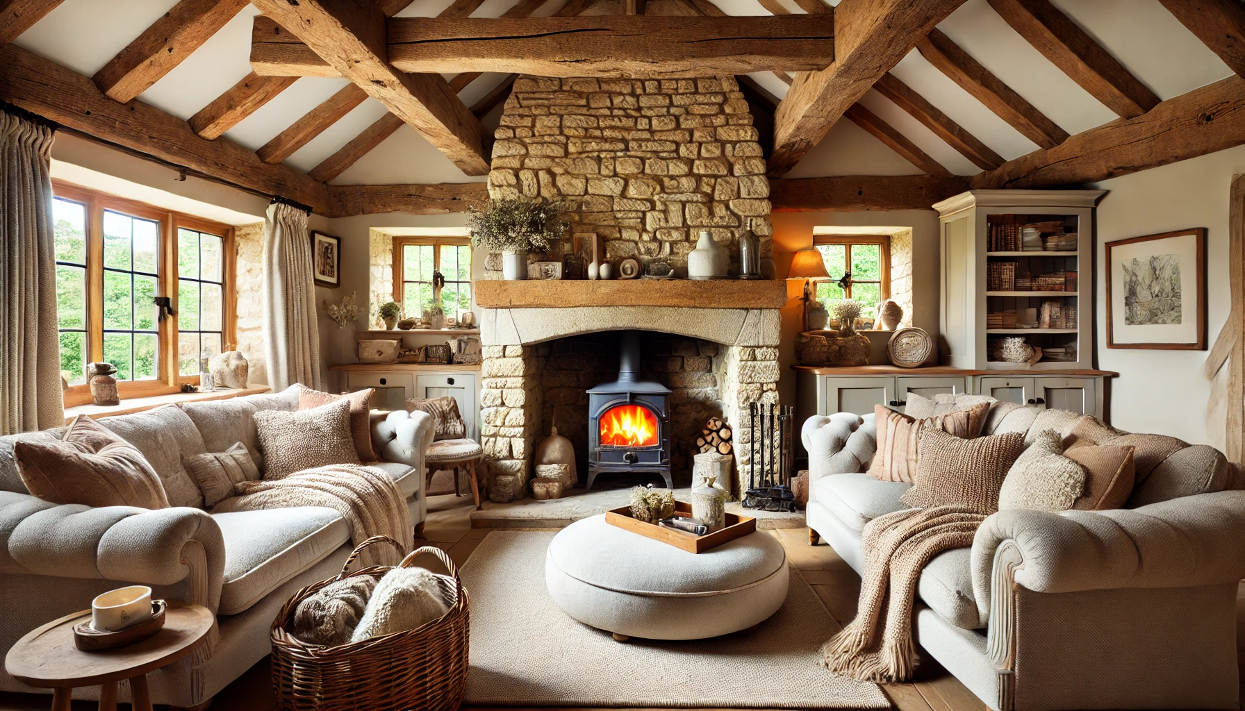 A Stone Fireplace In A Cottage Living Room, Surrounded By Wooden Beams And Soft, Plush Furnishings.