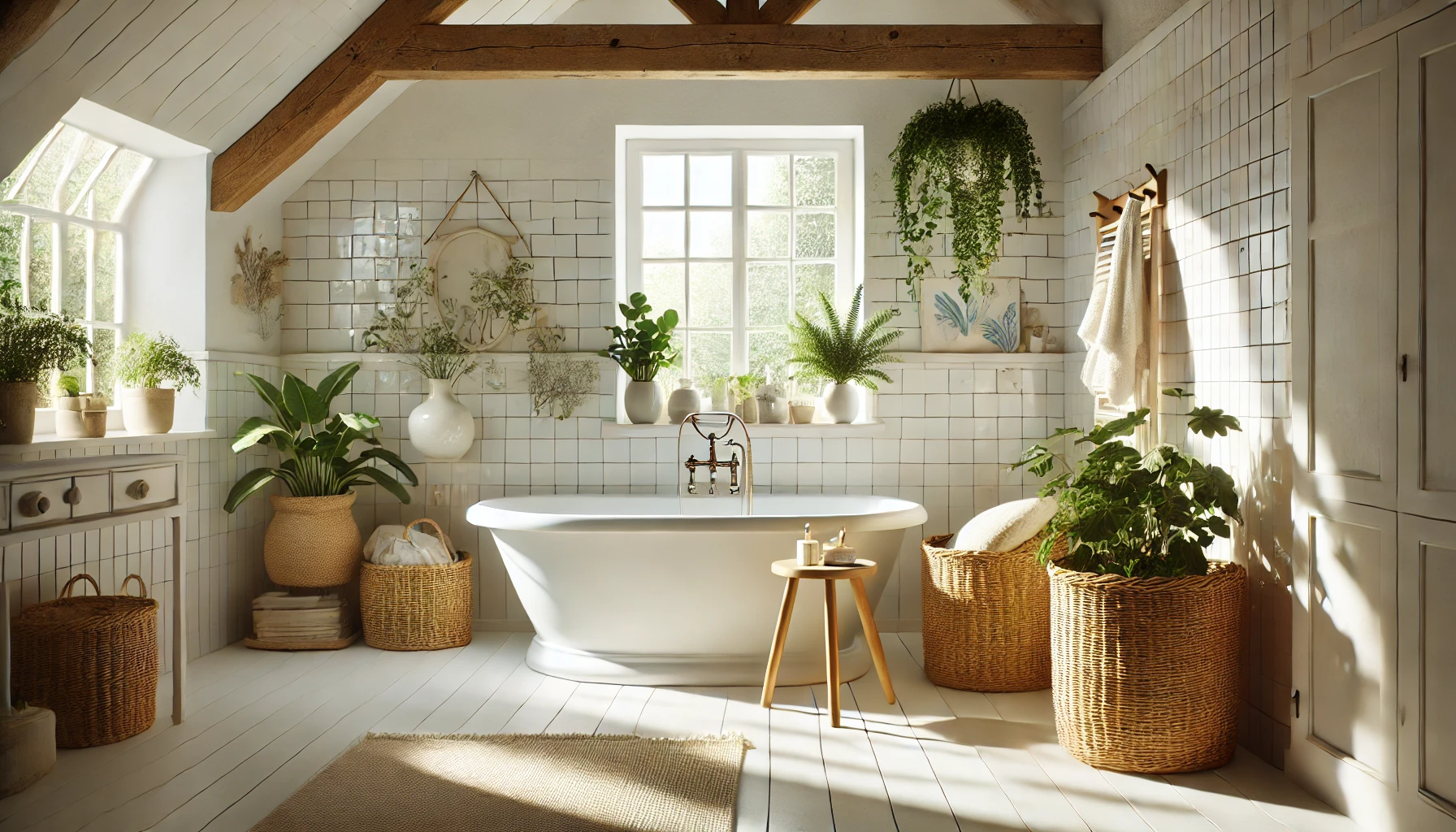 A sunlit cottage bathroom featuring white tiles, a freestanding bathtub, and organic elements like woven baskets and plants.