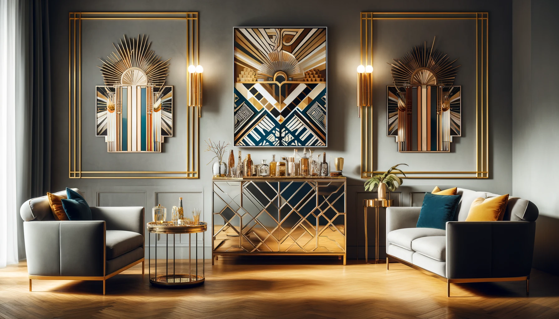 Art Deco Living Room with Metallic Accents and Geometric Artwork