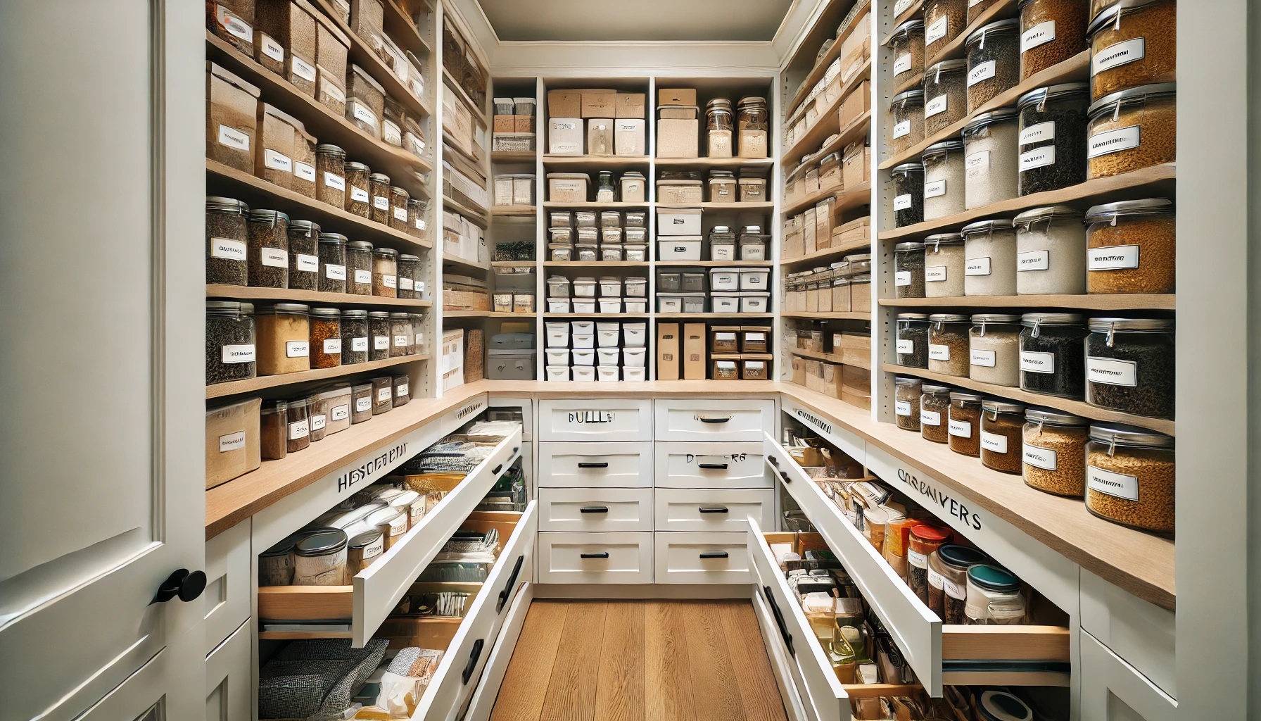 Beautifully Organized Pantry with Pull-Out Drawers and Labeled Containers