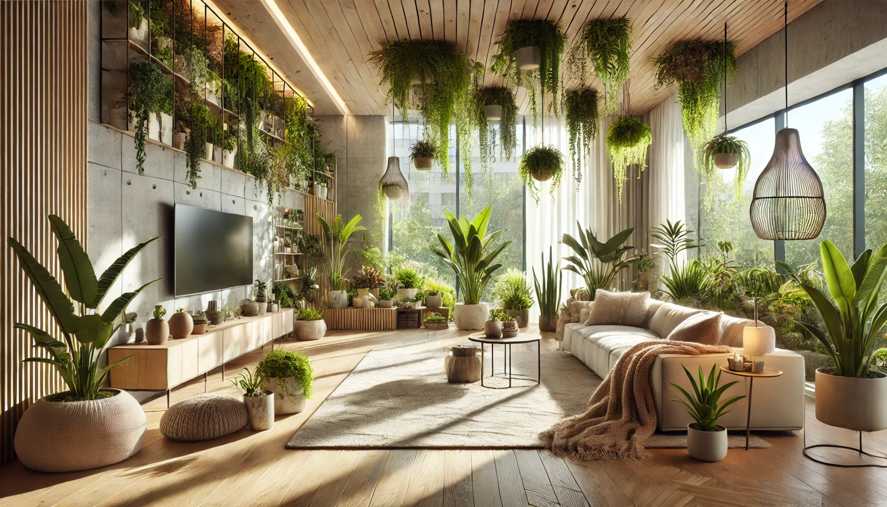 Biophilic Modern Living Room with Natural Materials and Indoor Plants