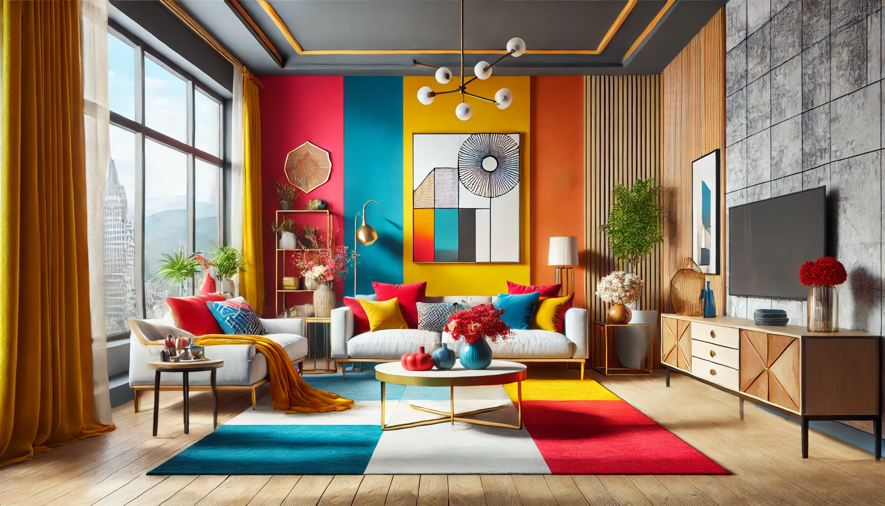 Bold Color Living Room with Bright Accent Wall and Colorful Decor