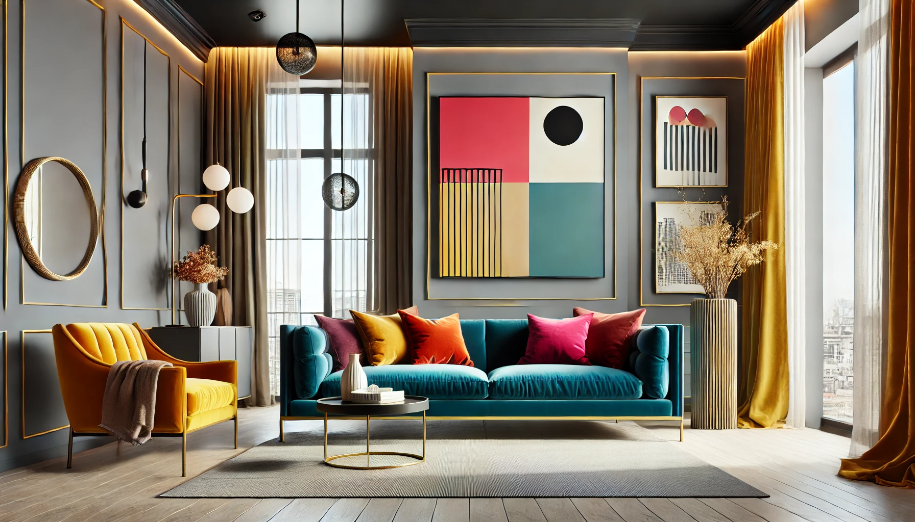 Bold-Colored Sofa with Neutral Accents for Balance