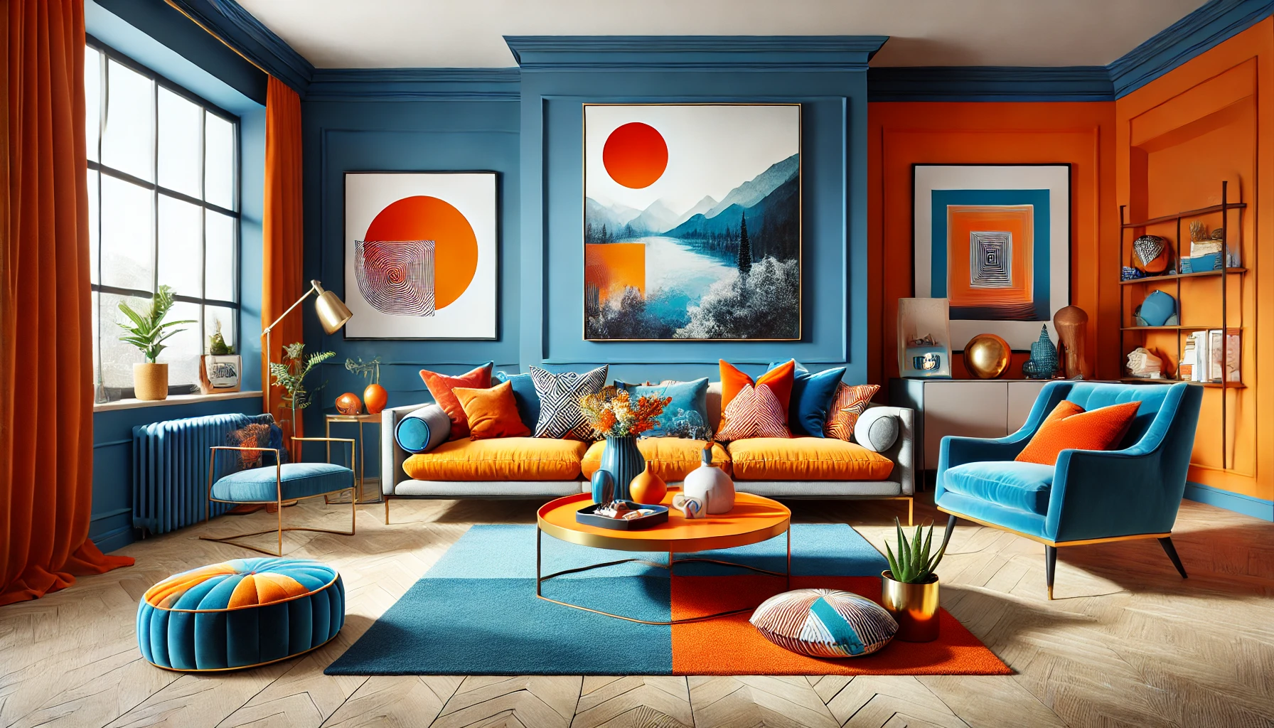 Bold Complementary Color Living Room with Blue and Orange Accents