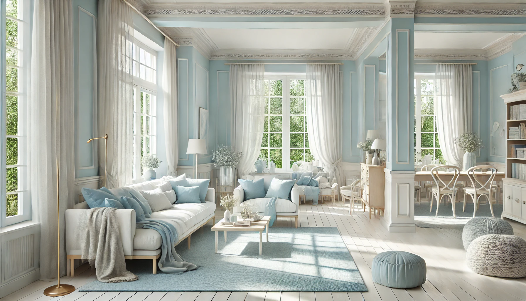 Bright and Airy Home Interior with Pale Blue and Soft Neutrals