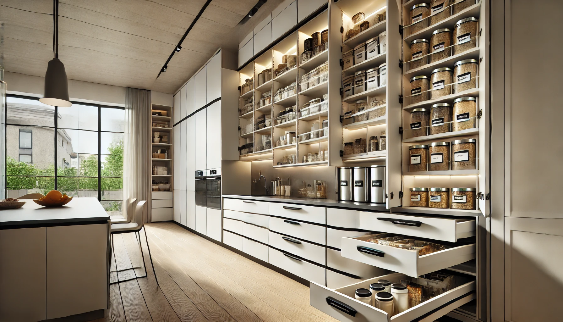 Contemporary Kitchen with Sleek Storage and Labeled Pantry