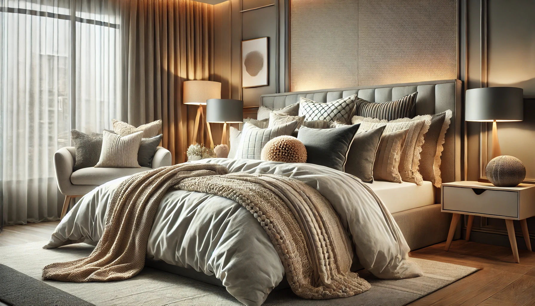 Cozy Apartment Bedroom with Layered Bedding and Soft Lighting