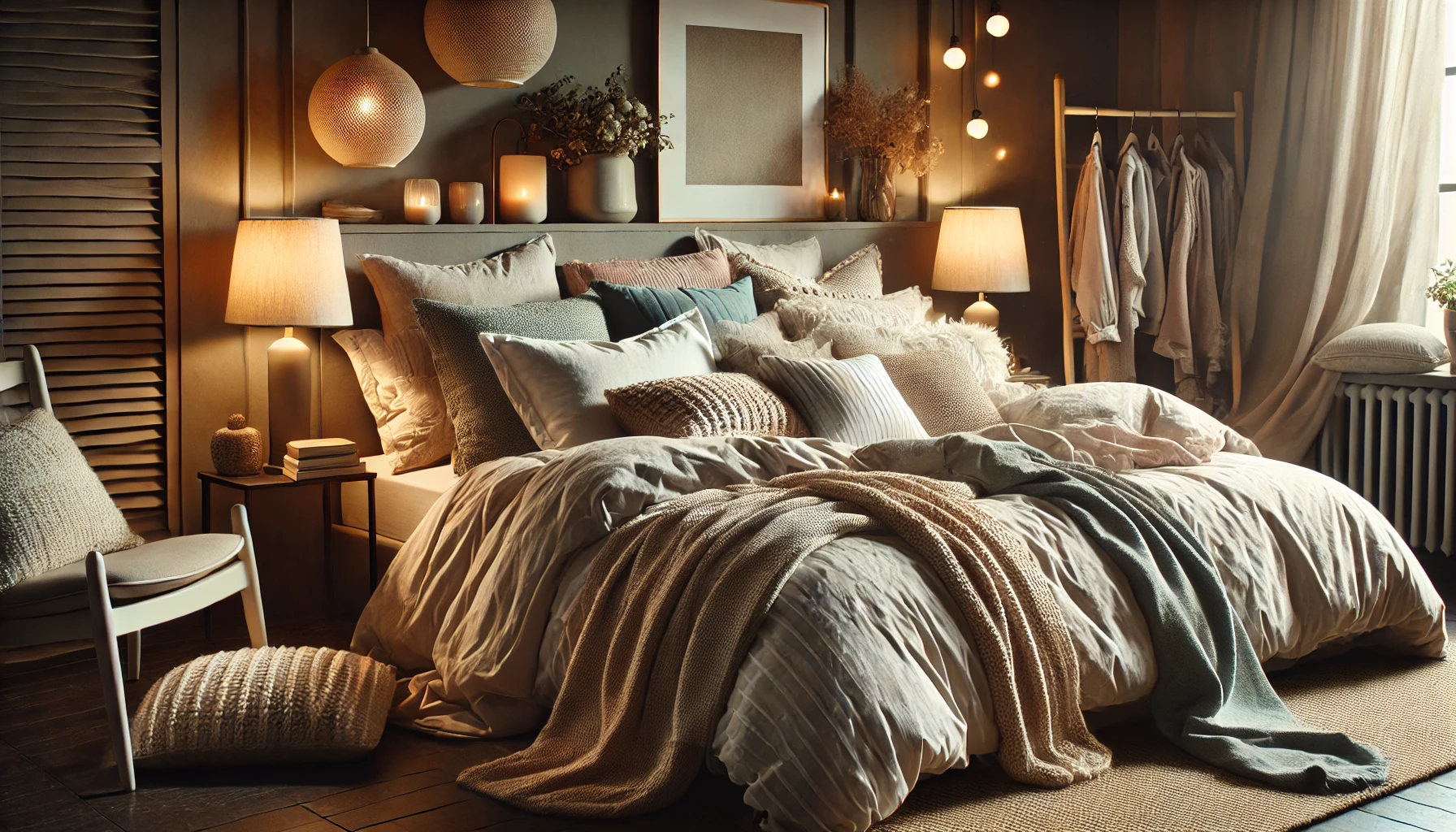 Cozy Bedroom with Plush Bedding and Soft Lighting