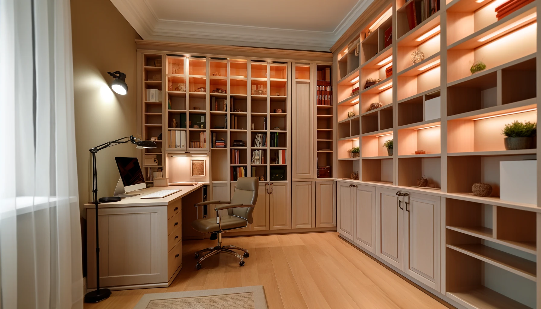 Cozy Home Office with Custom Wall-to-Wall Cabinets and Shelves