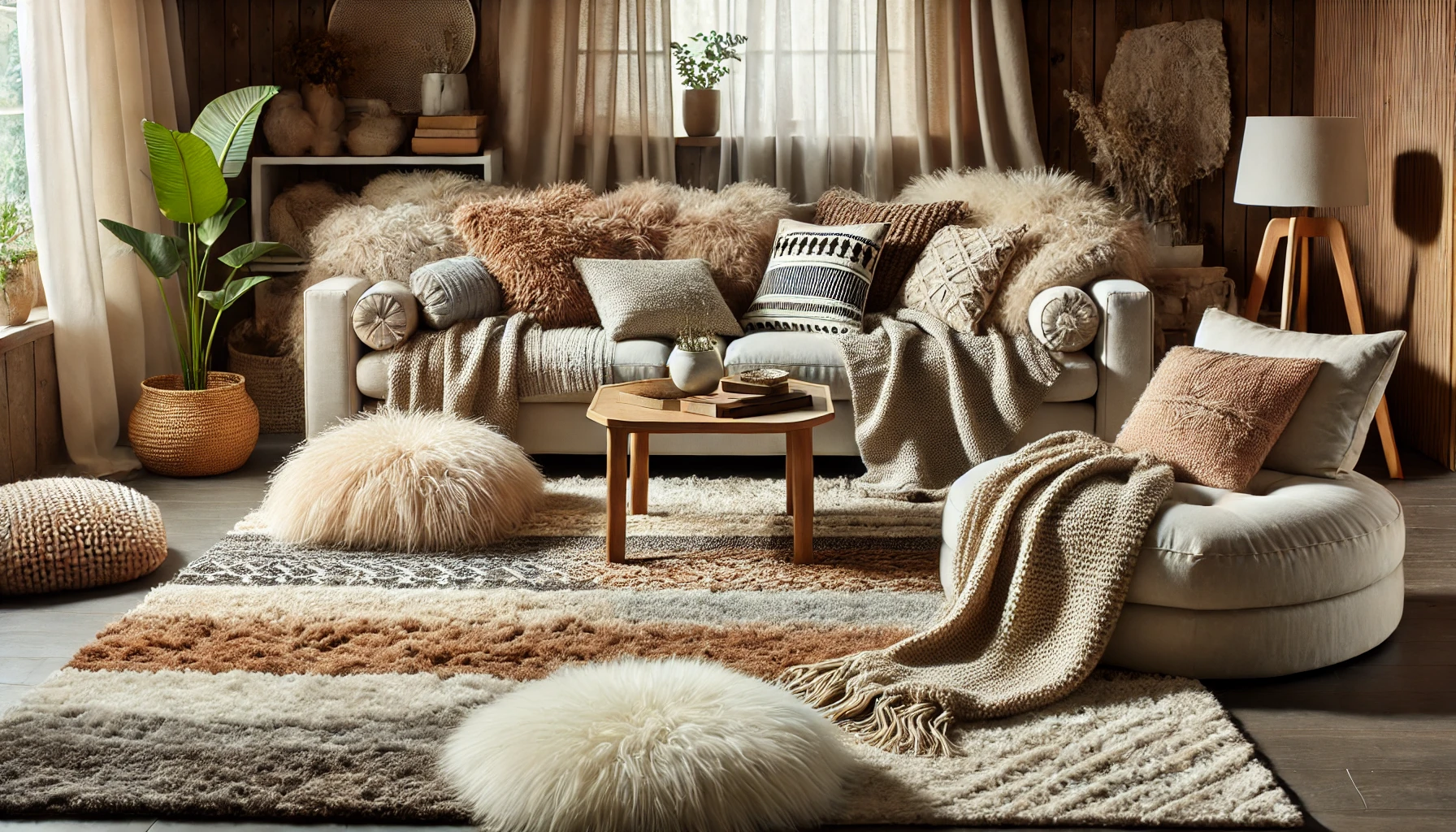 Cozy Living Room With Layered Rugs And Soft Textures