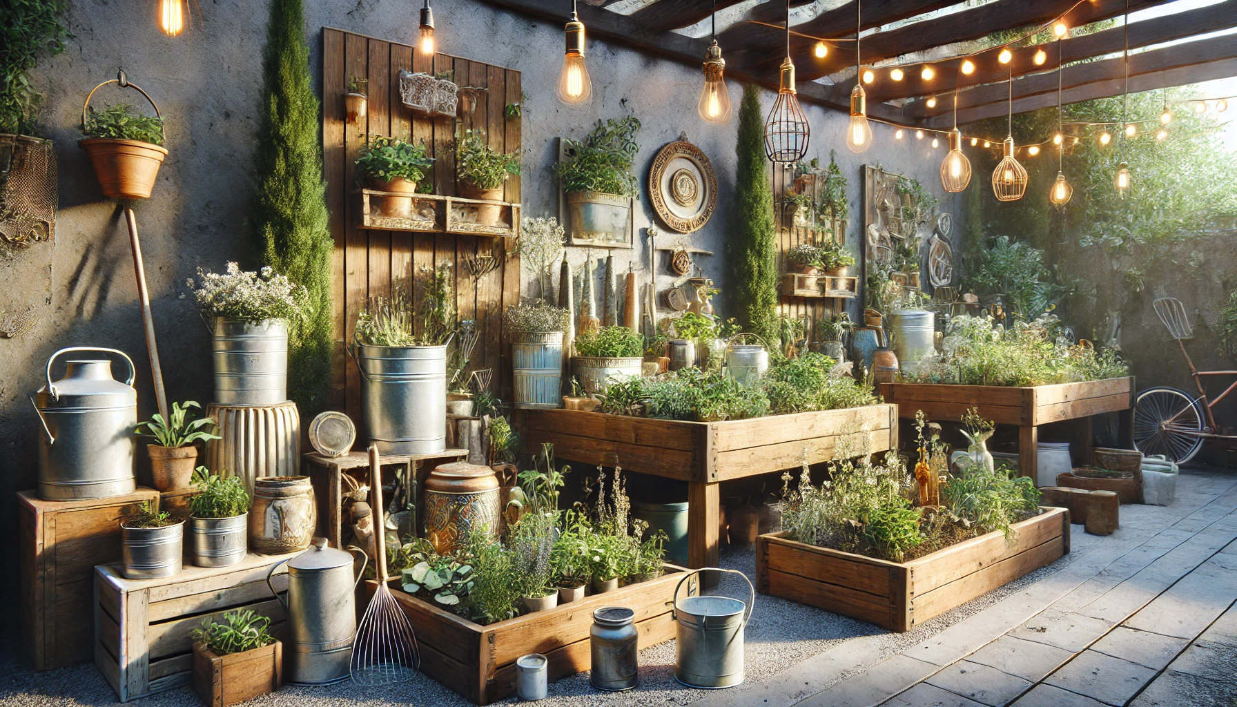 Diy Garden With Raised Beds Made From Recycled Materials And Creative Use Of Repurposed Household Items.