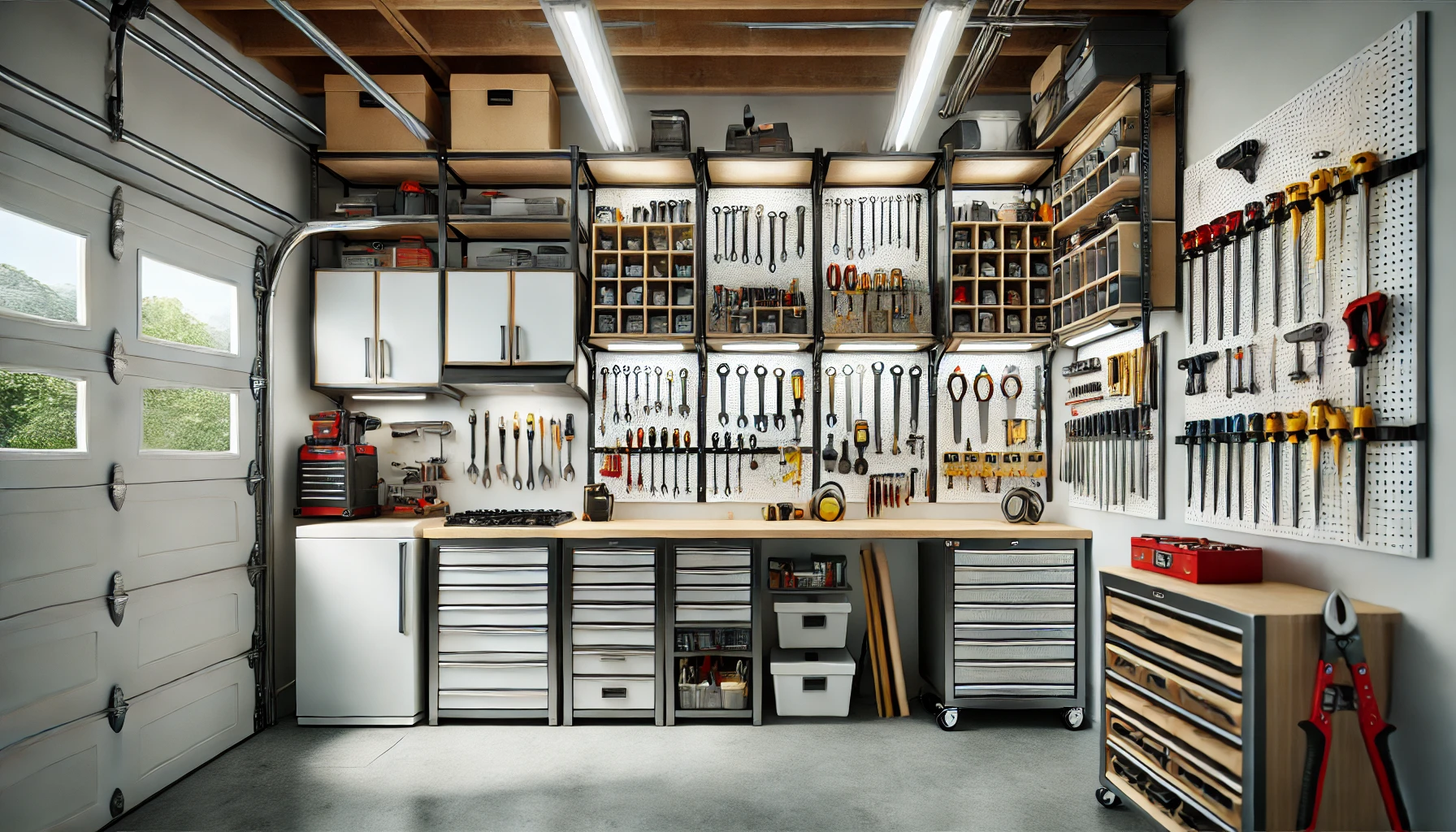 Efficient Garage with Wall-Mounted Tool Racks and Overhead Storage