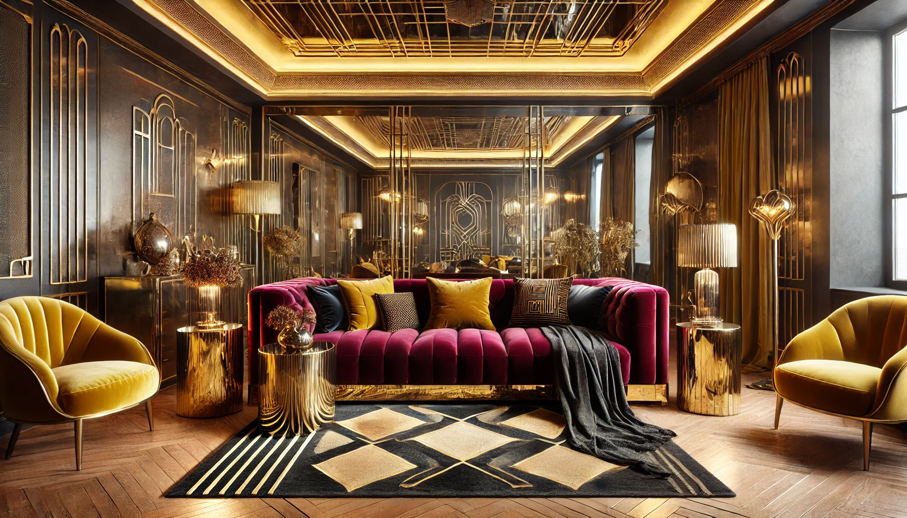 Elegant Art Deco Living Room with Bold Velvet Sofa and Rich Textures