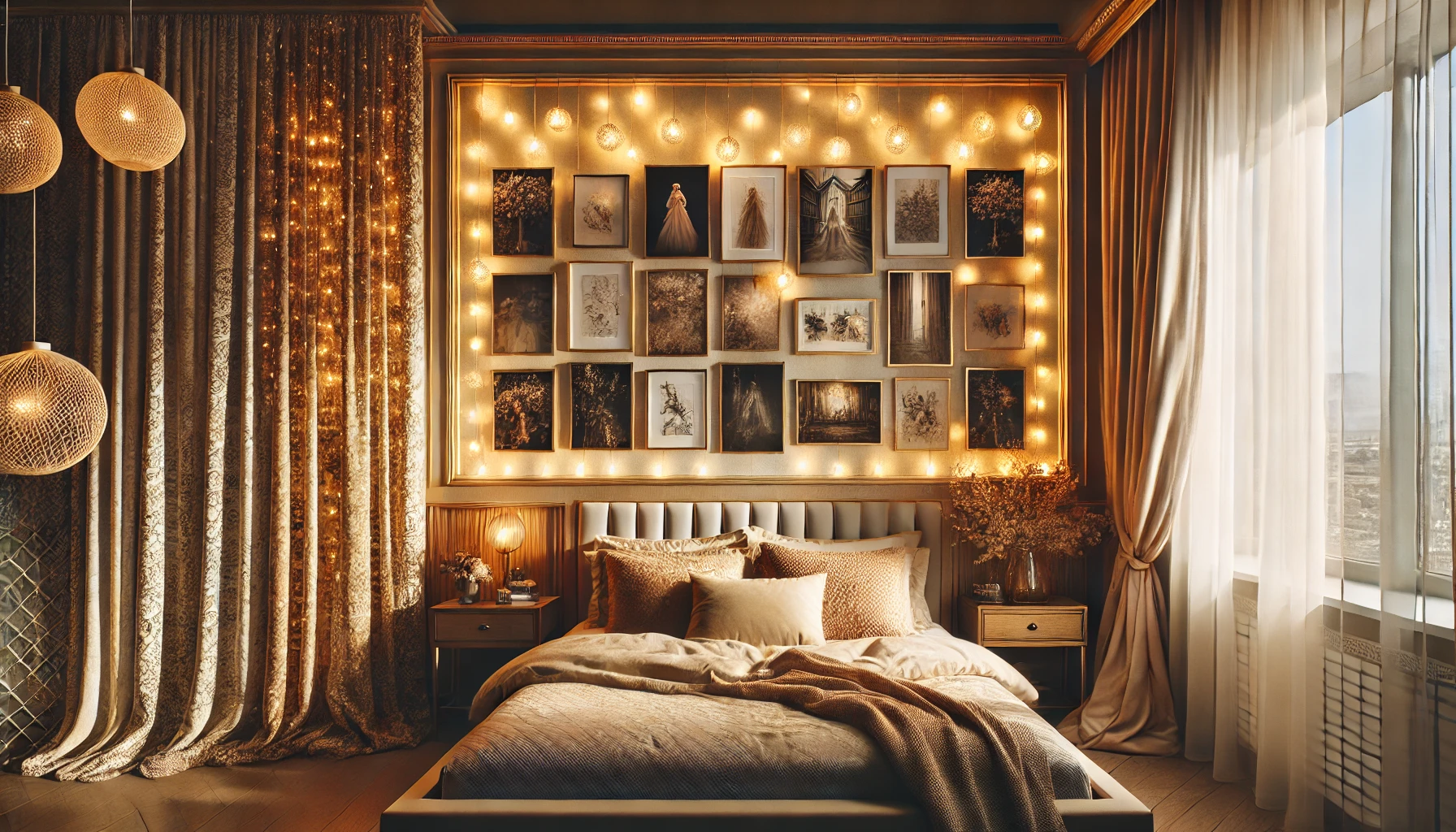 Elegant Bedroom with String Lights and Luxurious Fabric Wall Panels