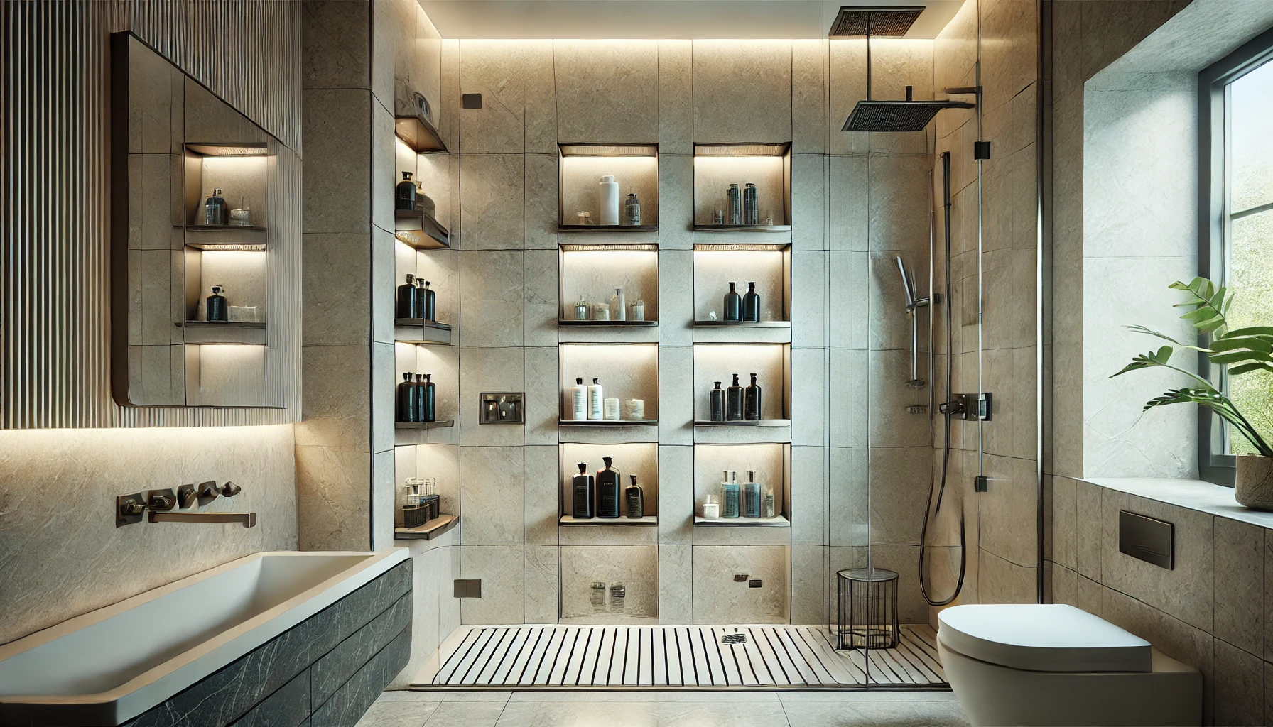 Elegant Contemporary Shower with Built-In Shelves