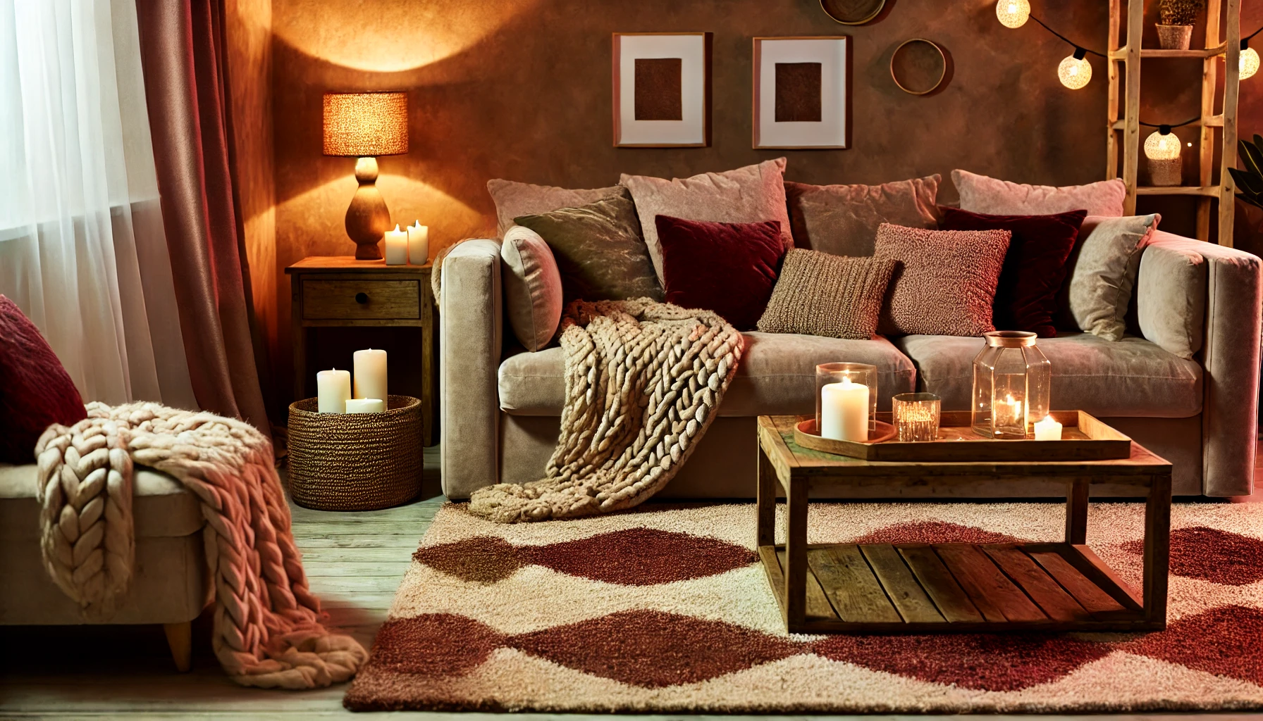 Elegant Cozy Living Room with Soft Lighting and Plush Textures