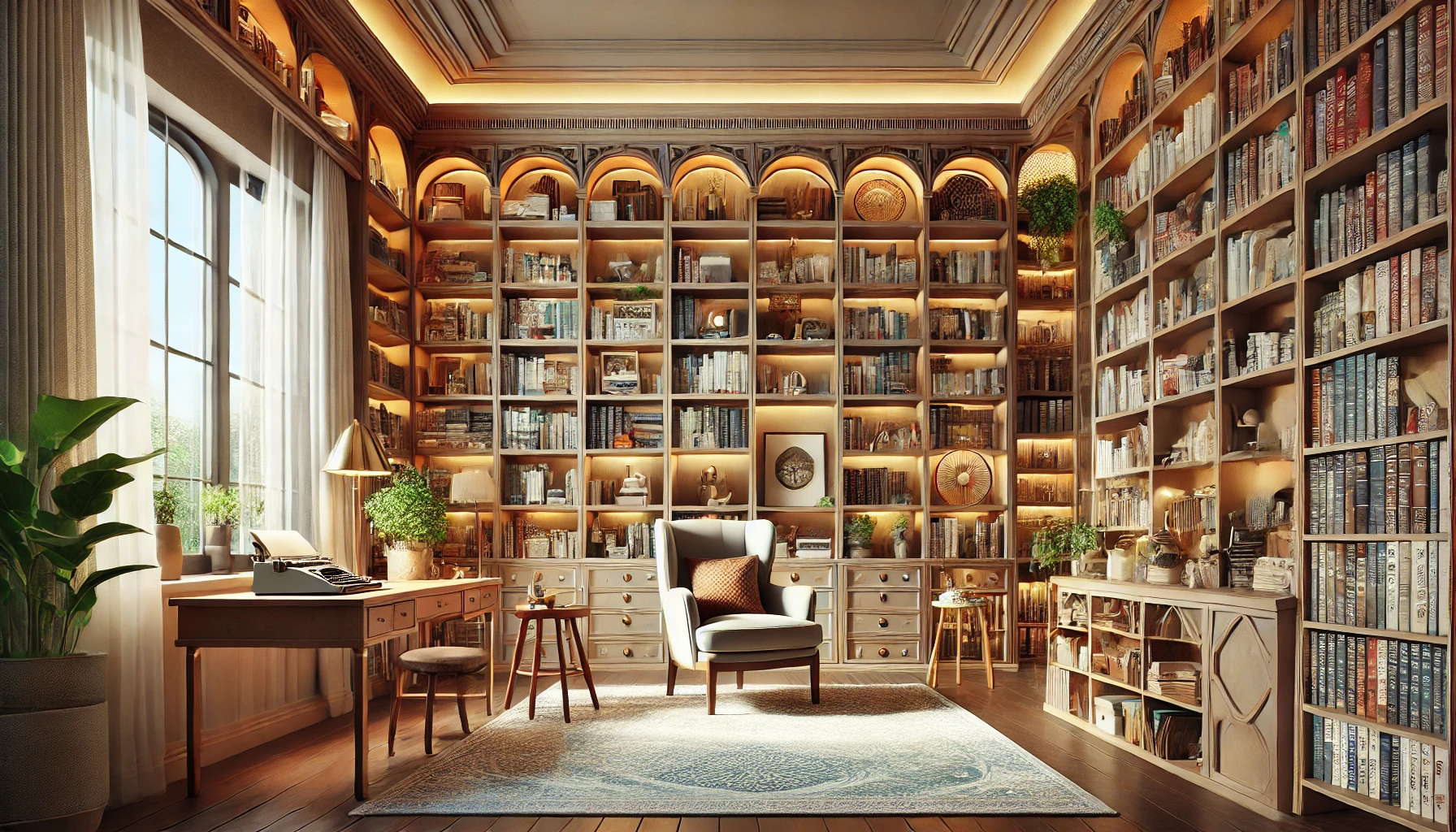 Elegant Home Library with Cozy Reading Nook and Expansive Bookshelves