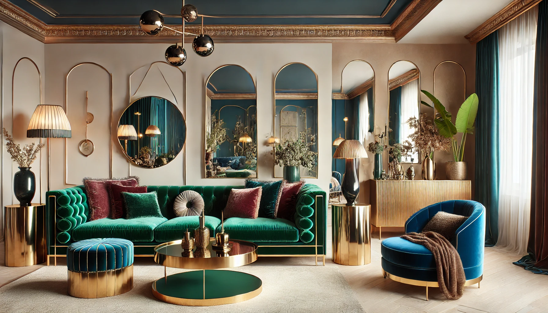 Elegant Living Room with Jewel Tones and Metallic Accents