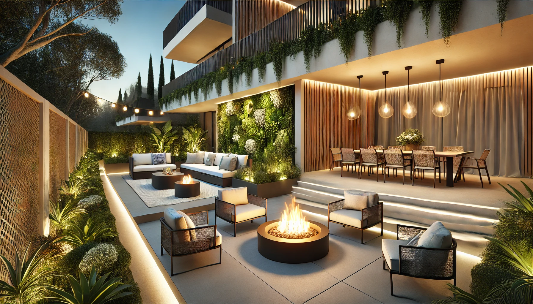 Elegant Modern Patio Design with Fire Pit and Sleek Furniture