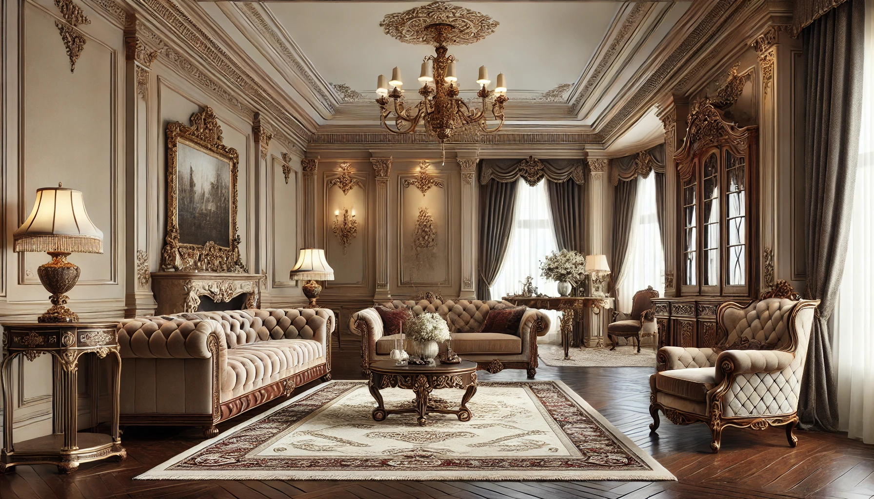 Elegant Traditional Living Room with Ornate Furniture and Classic Chandelier