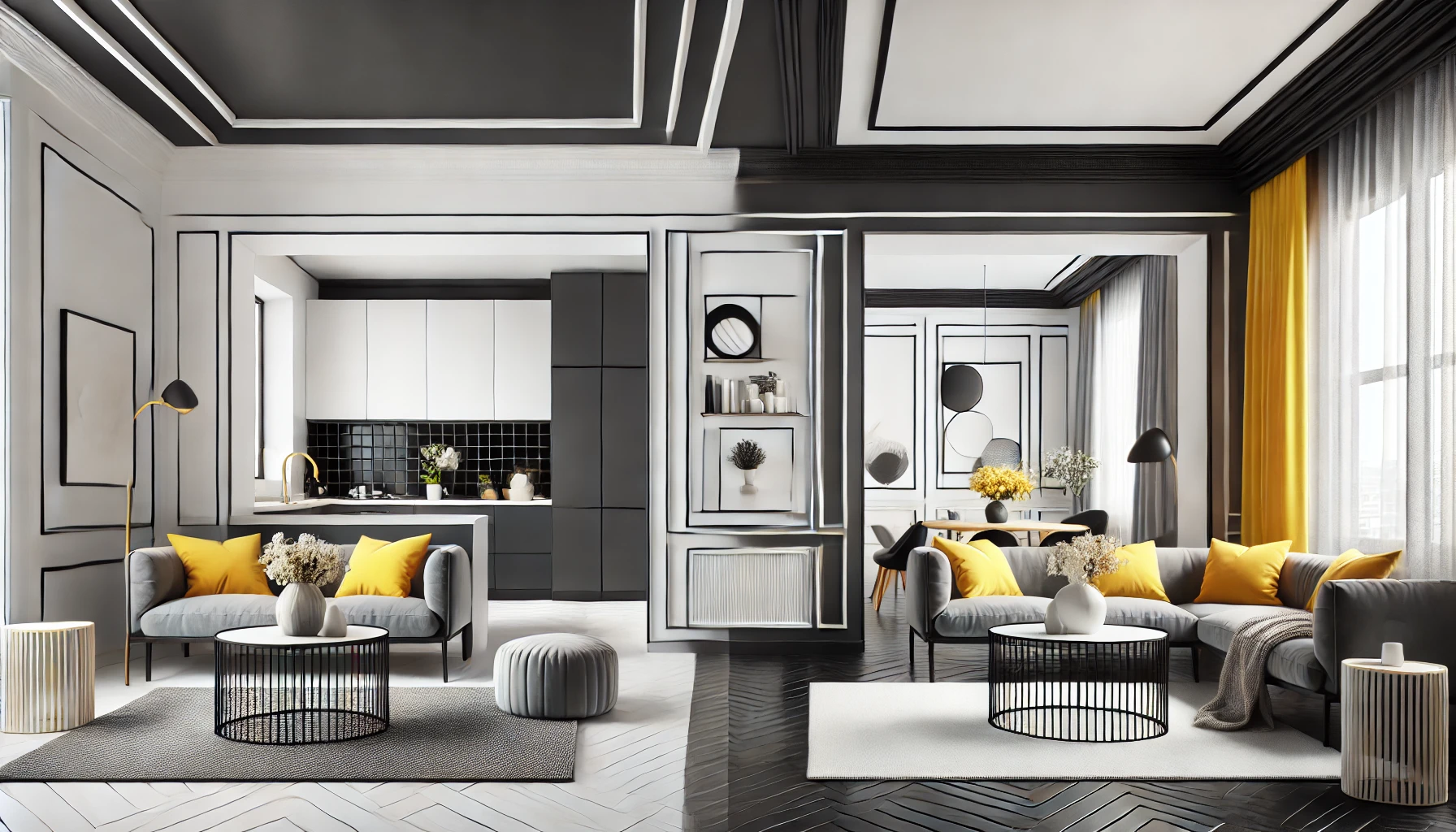 Elegant Two-Tone Interior with Black and White and Gray and Yellow Accents