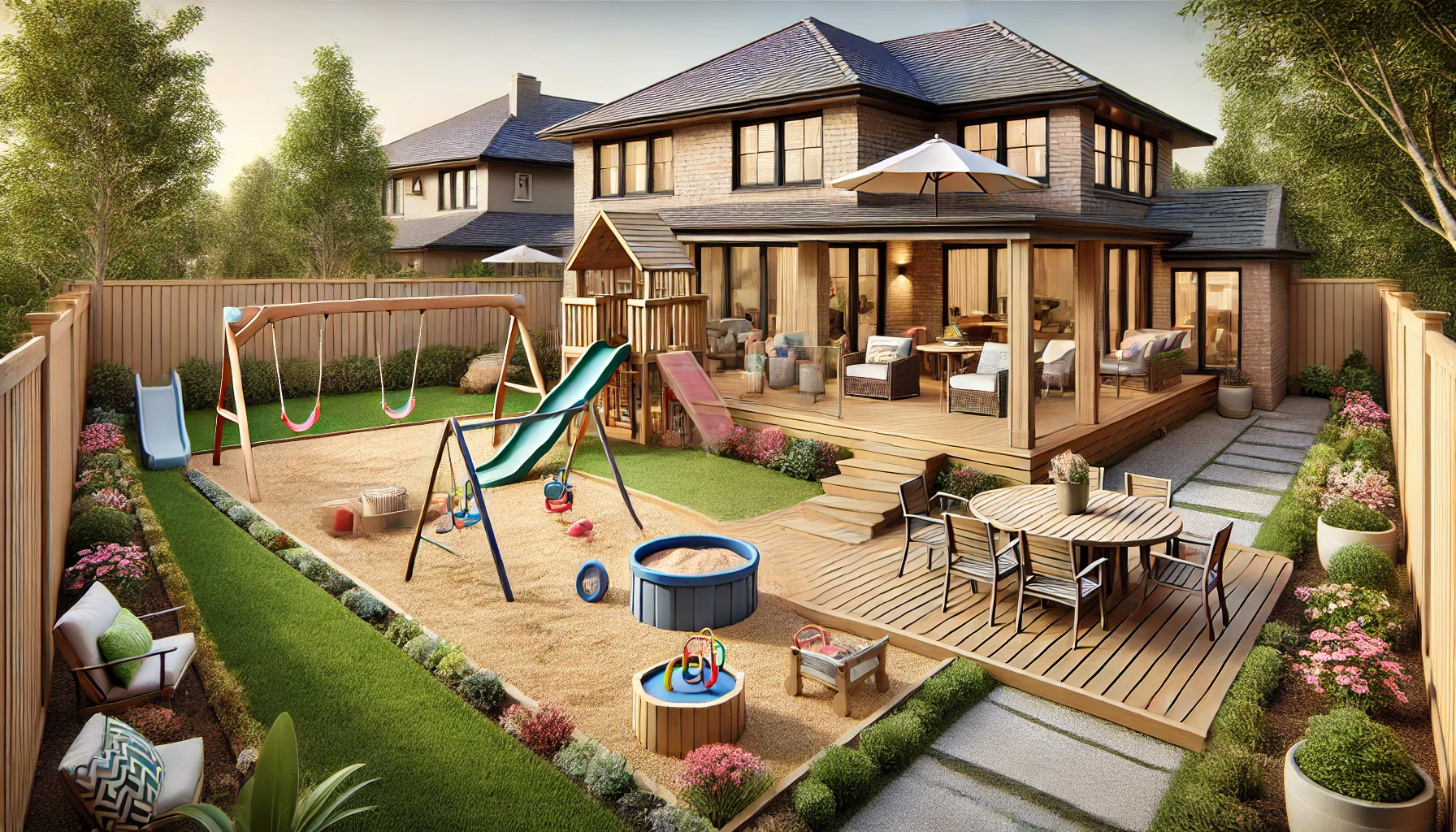 Family-Friendly Backyard with Play Area and Outdoor Dining