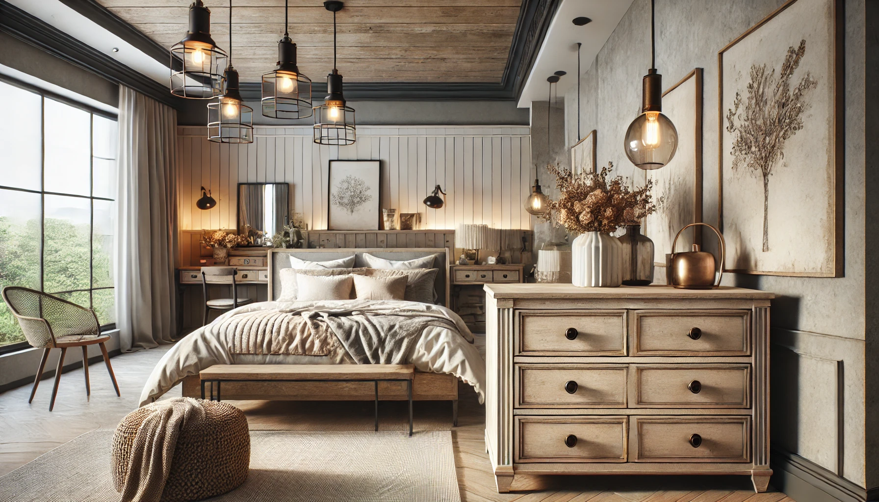 Here is the image of the modern farmhouse bedroom featuring a sleek dresser, vintage décor, industrial-style lighting, rustic wooden furniture, and minimalist bedding with soft tones.