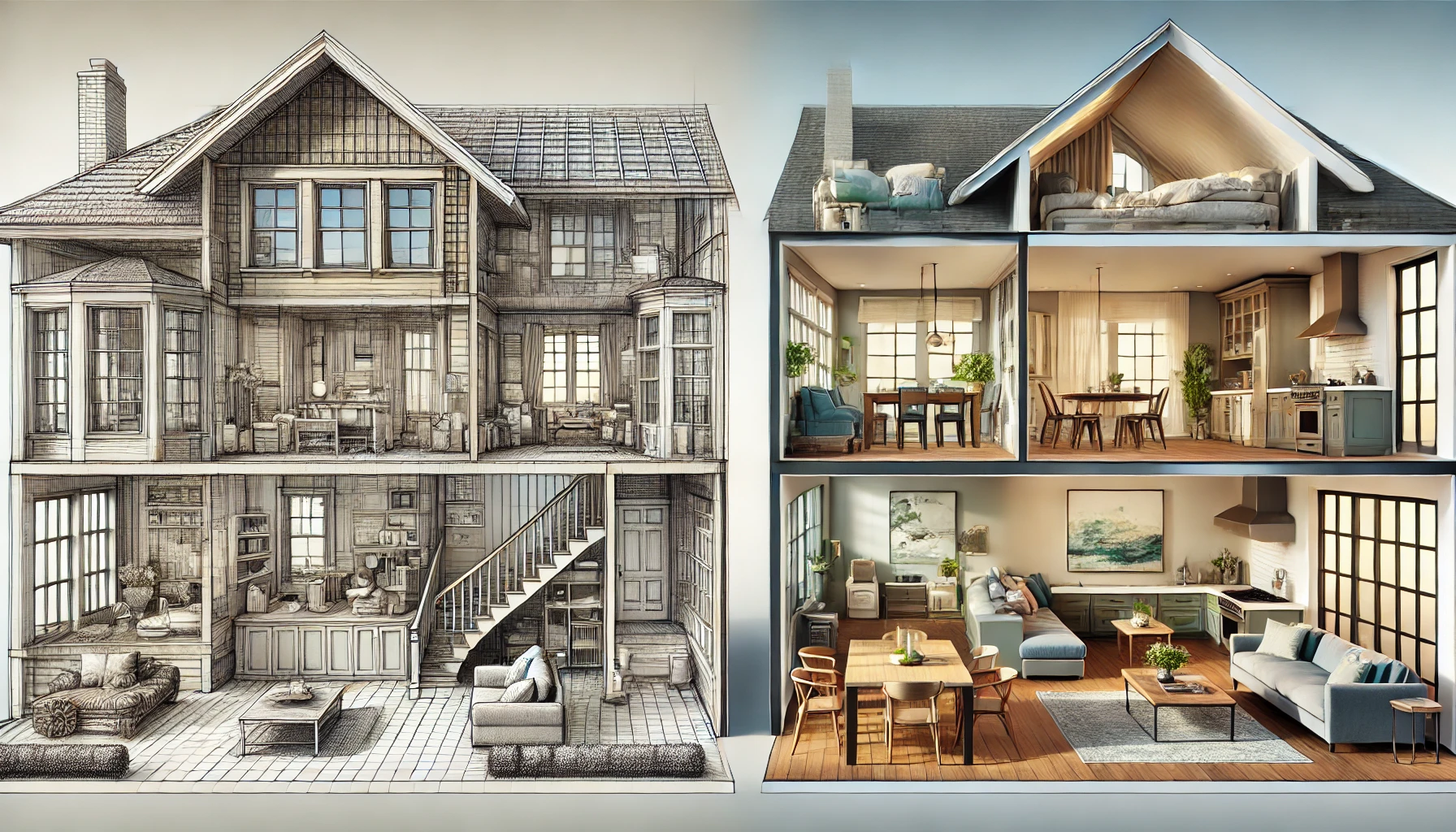 Here is the side-by-side comparison of a traditional, closed-off home layout and a modern, open floor plan, emphasizing the evolution of spacious, connected living.