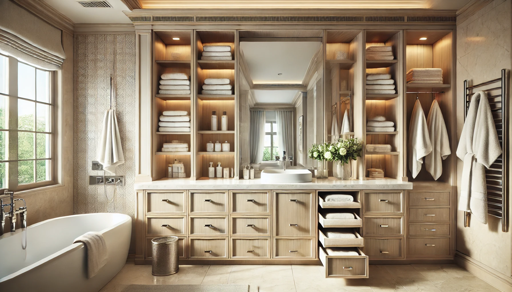 Luxurious Bathroom With Custom Vanity Storage And Built In Shelves