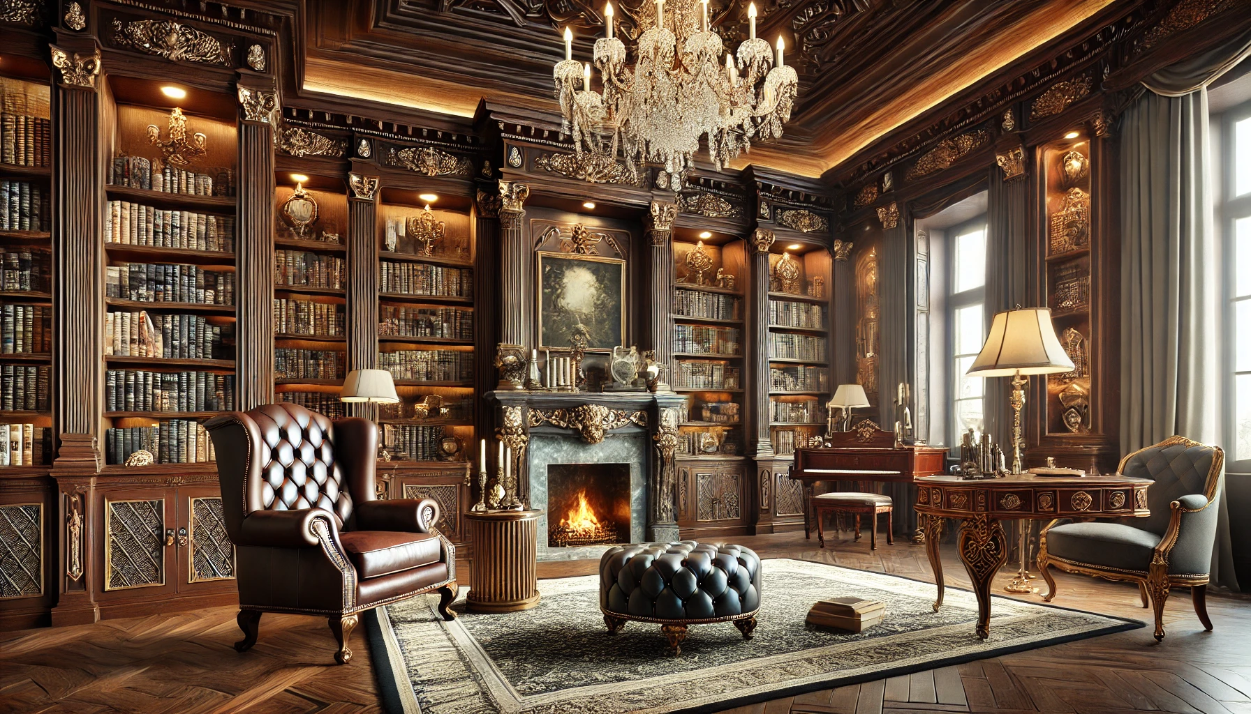 Luxurious Home Library with Mahogany Bookshelves and Marble Fireplace