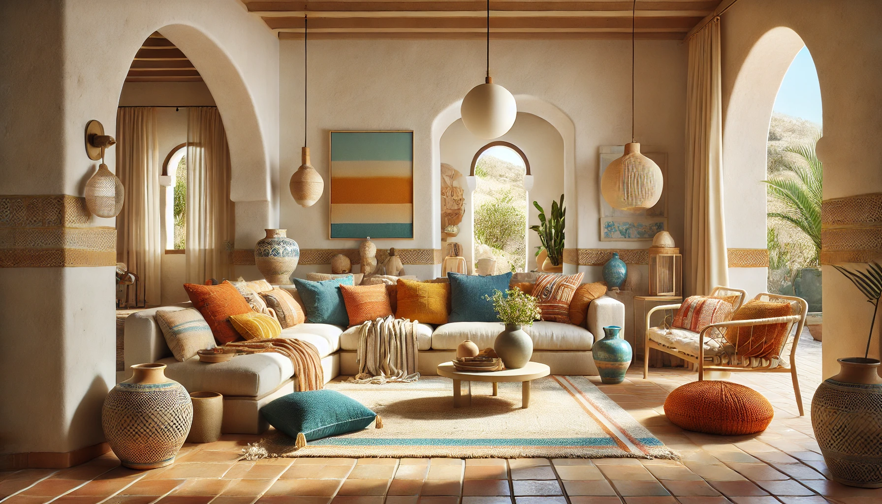 Mediterranean Interior with Earthy Tones and Bright Accents