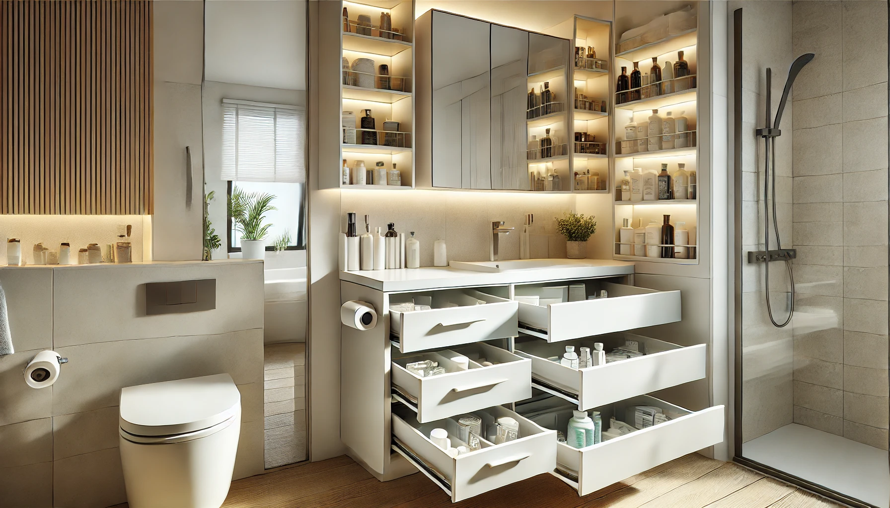 Modern Bathroom with Sleek Vanity and Functional Storage