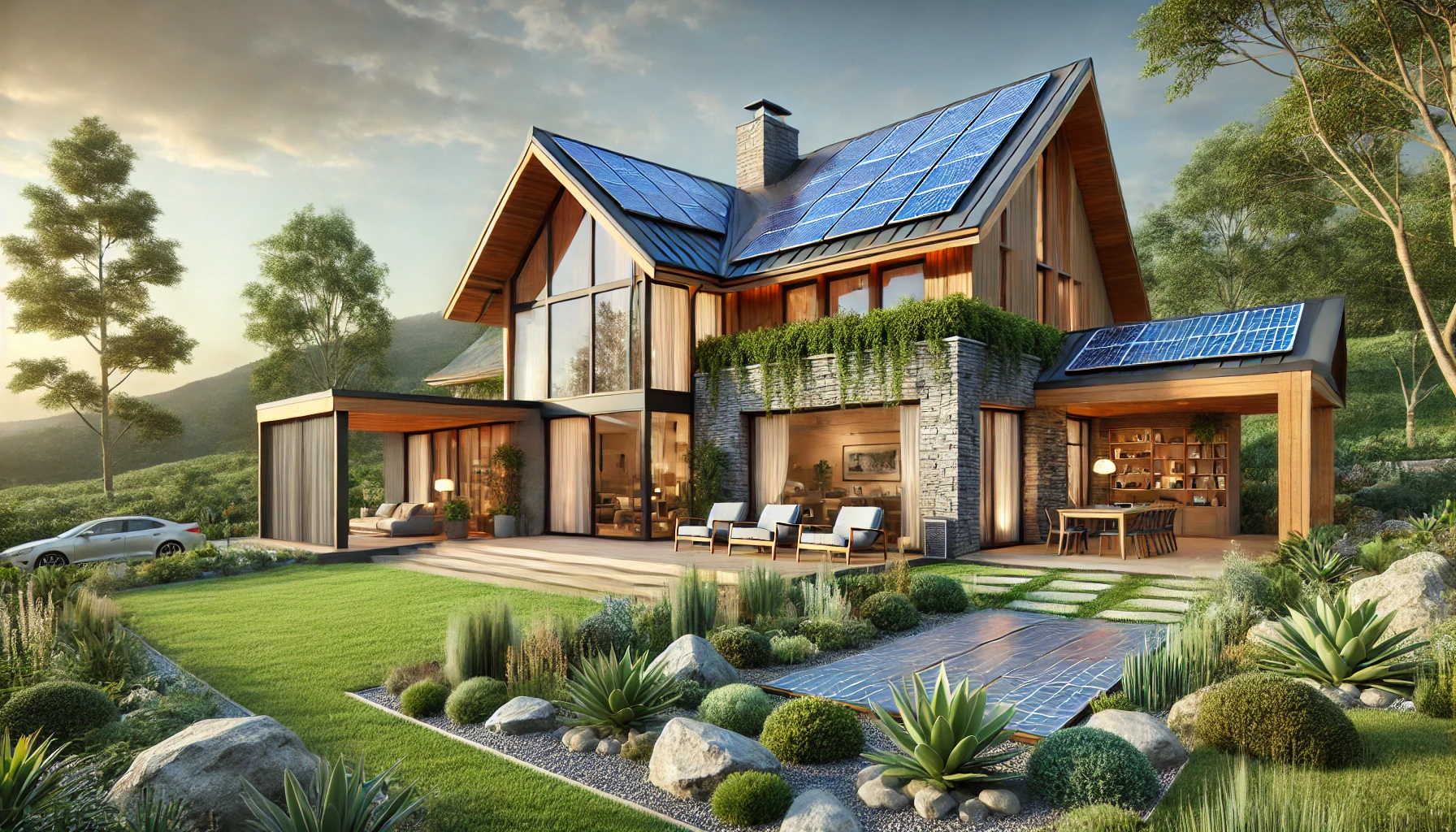 Modern Eco-Friendly Home with Solar Panels and Sustainable Design