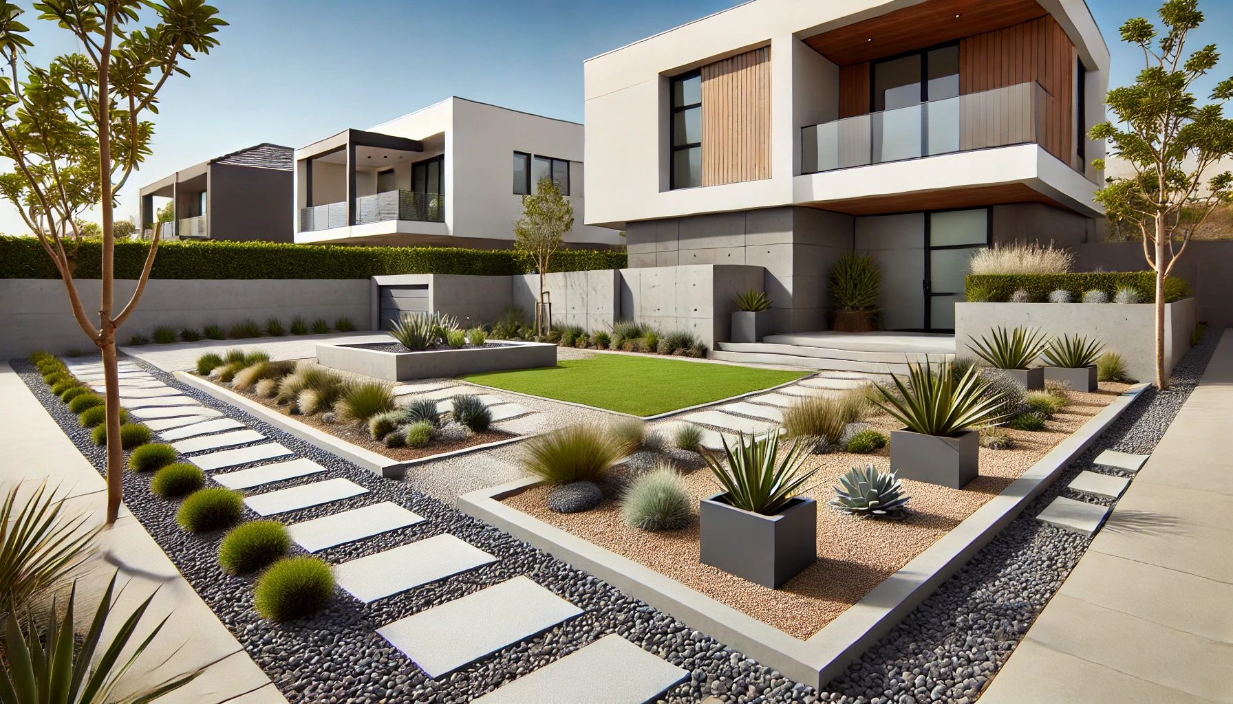 Modern Front Yard with Low-Maintenance Landscaping and Hardscaping