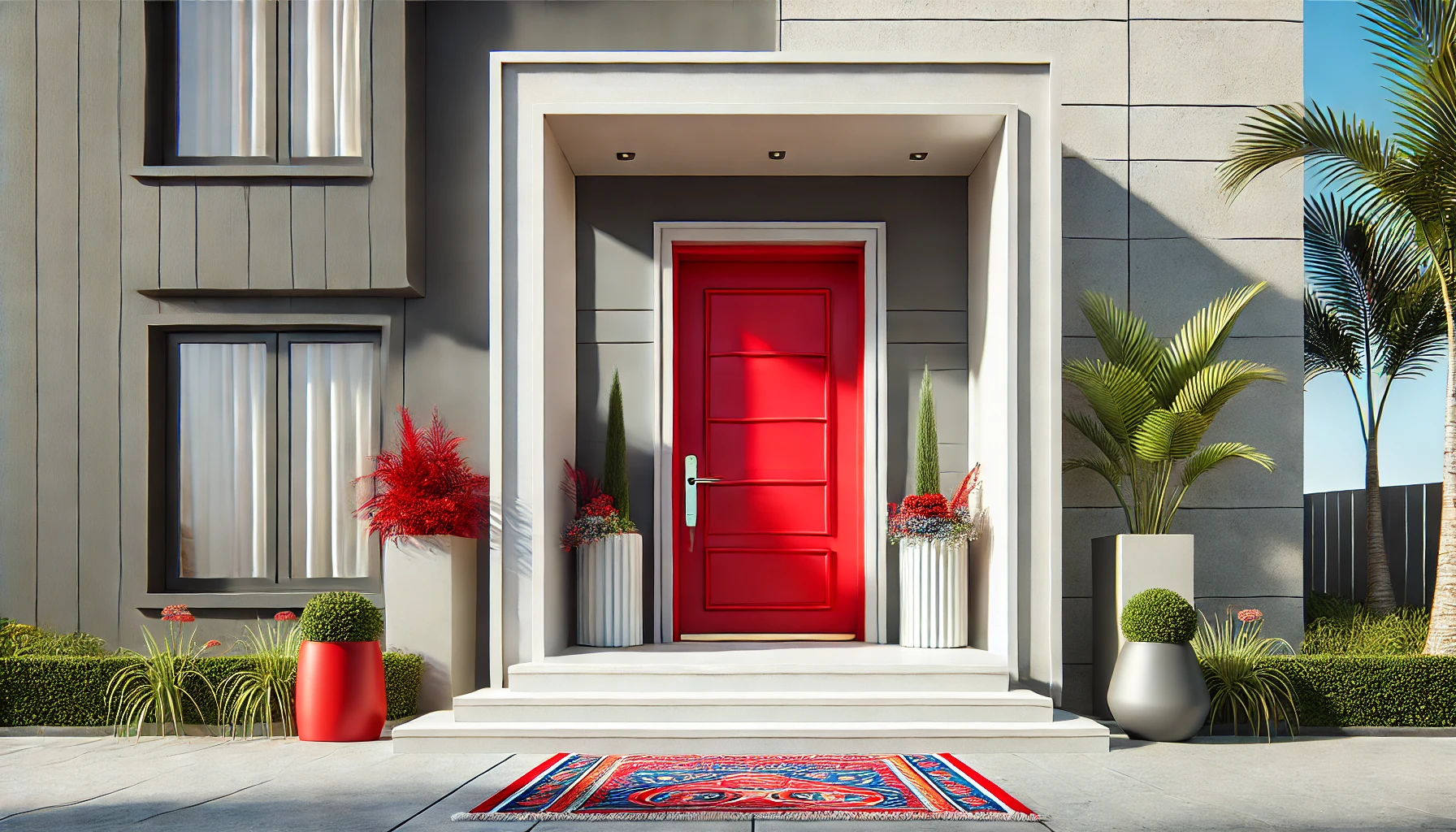 Modern Home Entrance with Bold Red Door and Colorful Accents