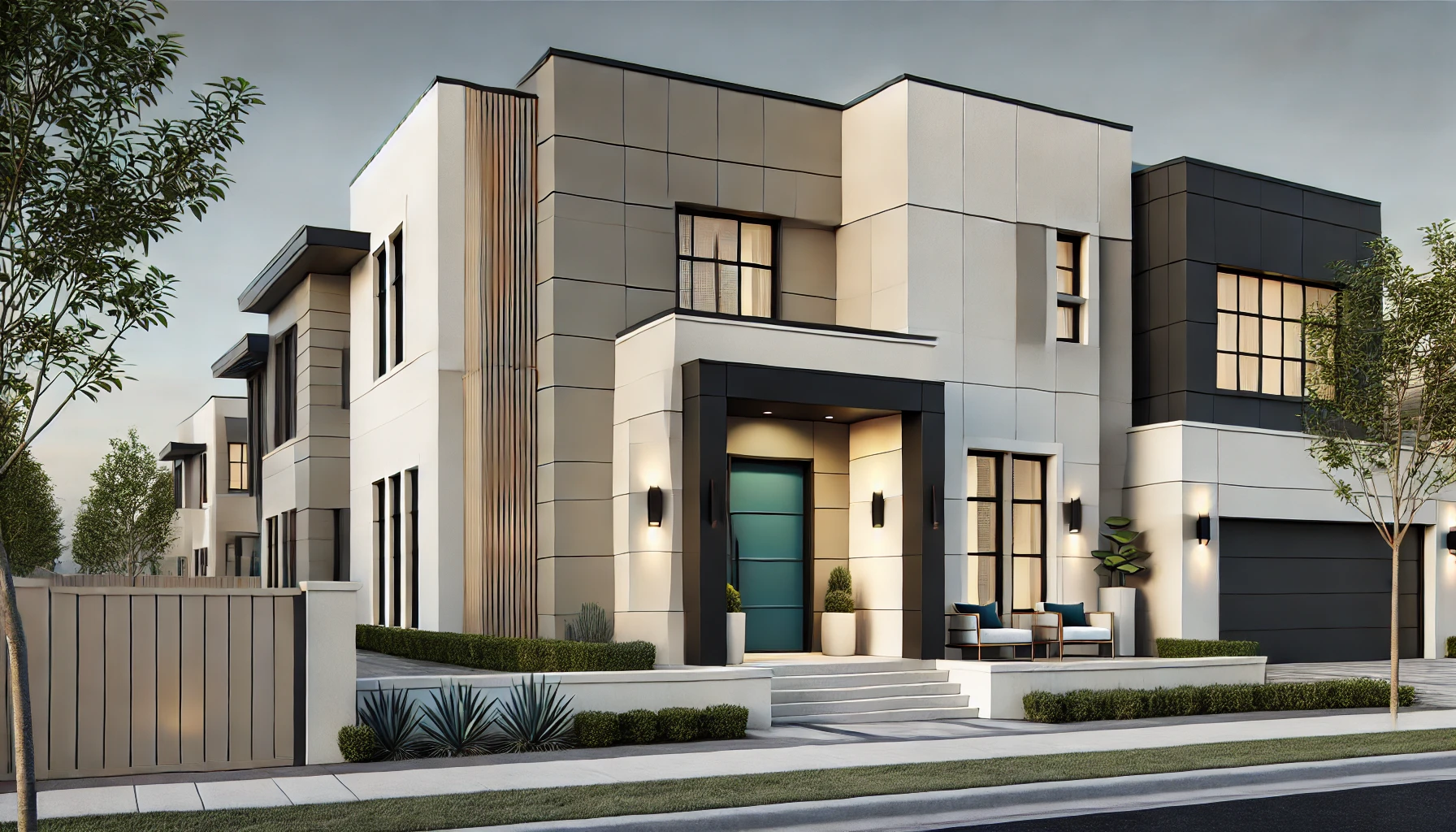 Modern Home Exterior with Neutral Palette and Bold Accent Colors