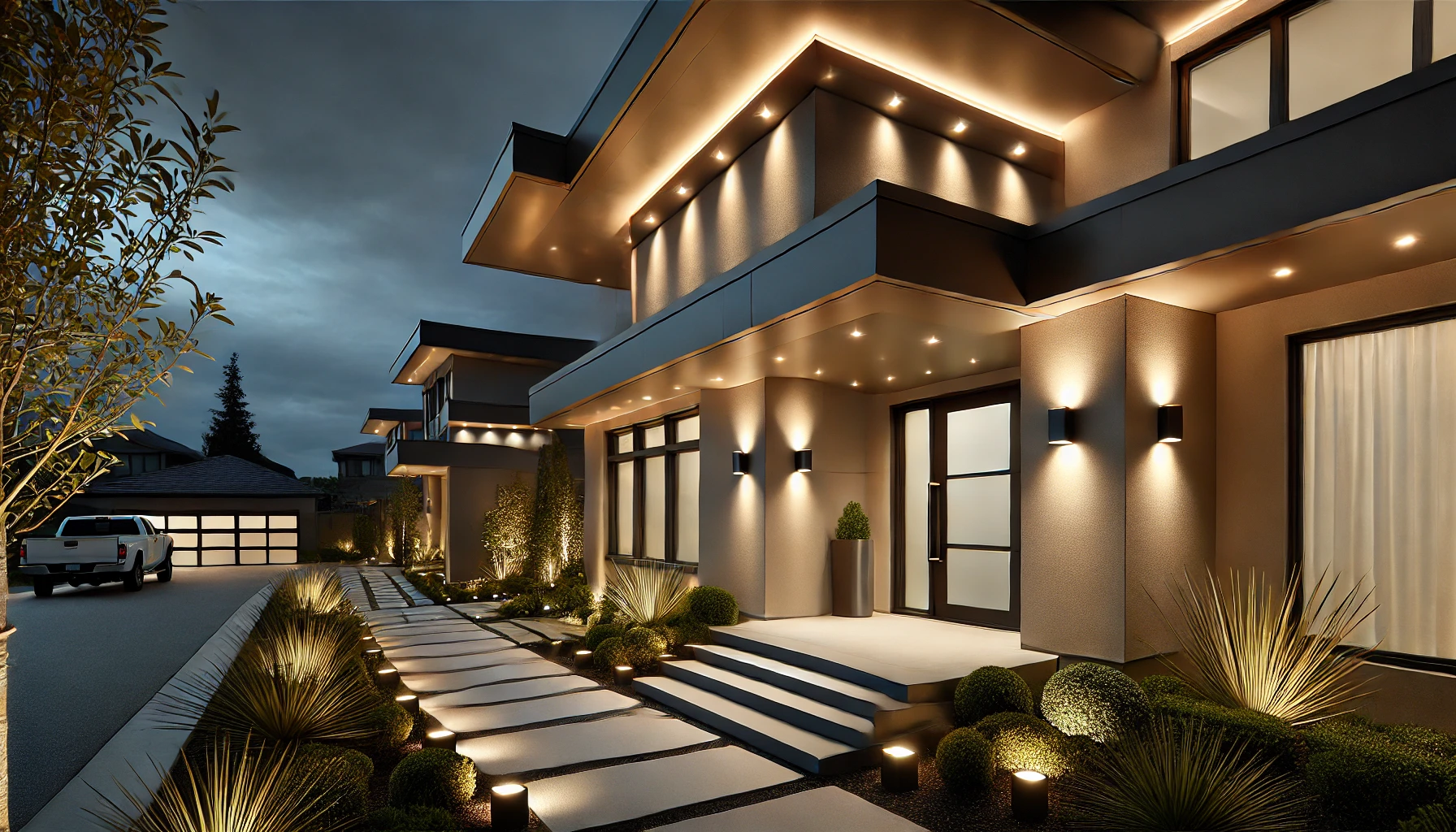 Modern Home Exterior with Recessed and Statement Lighting