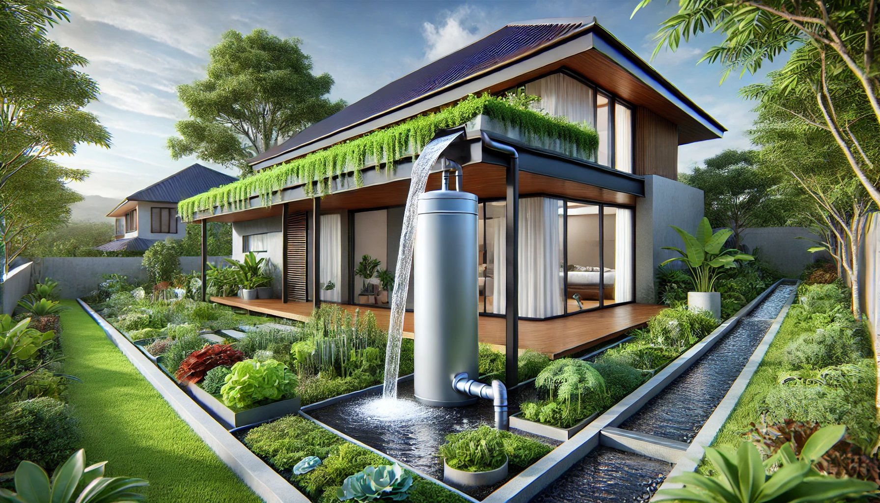 Modern Home With Rainwater Harvesting System And Sustainable Garden