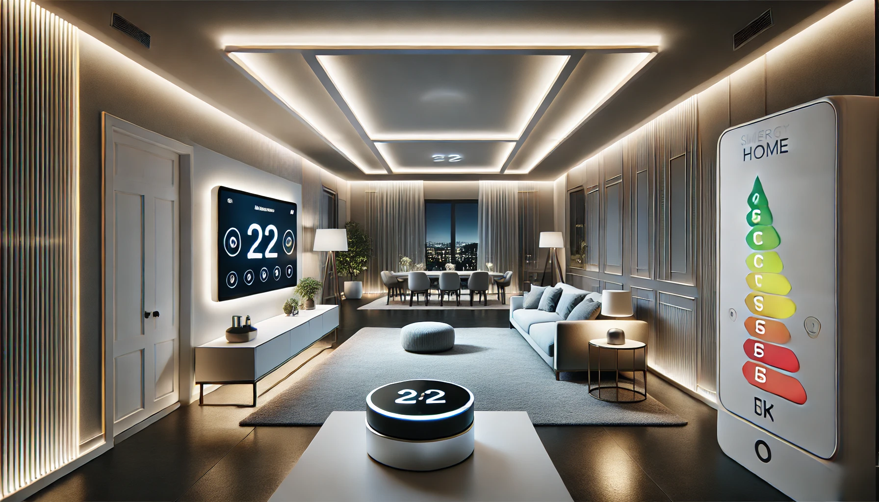 Modern Home with Smart Thermostat and Automated Lighting for Energy Efficiency