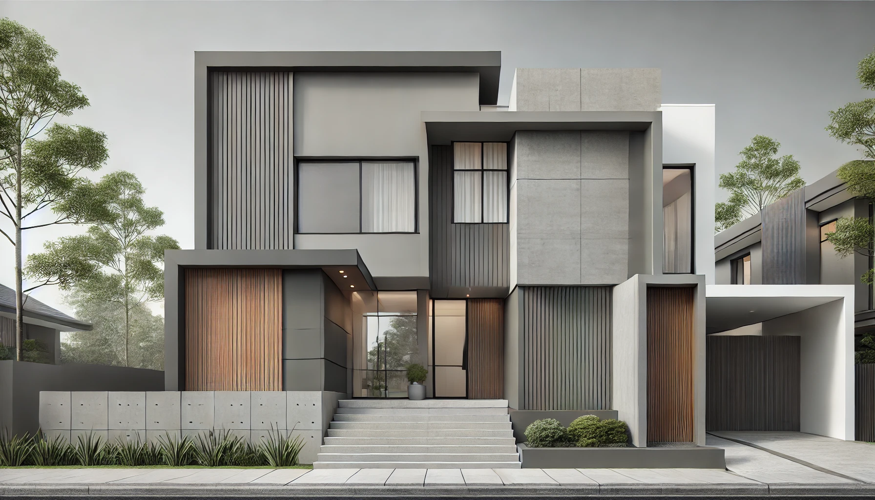 Modern House Exterior With Monochromatic And Earthy Color Schemes