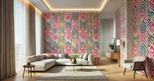 Modern Living Room With Bold Geometric Wallpaper