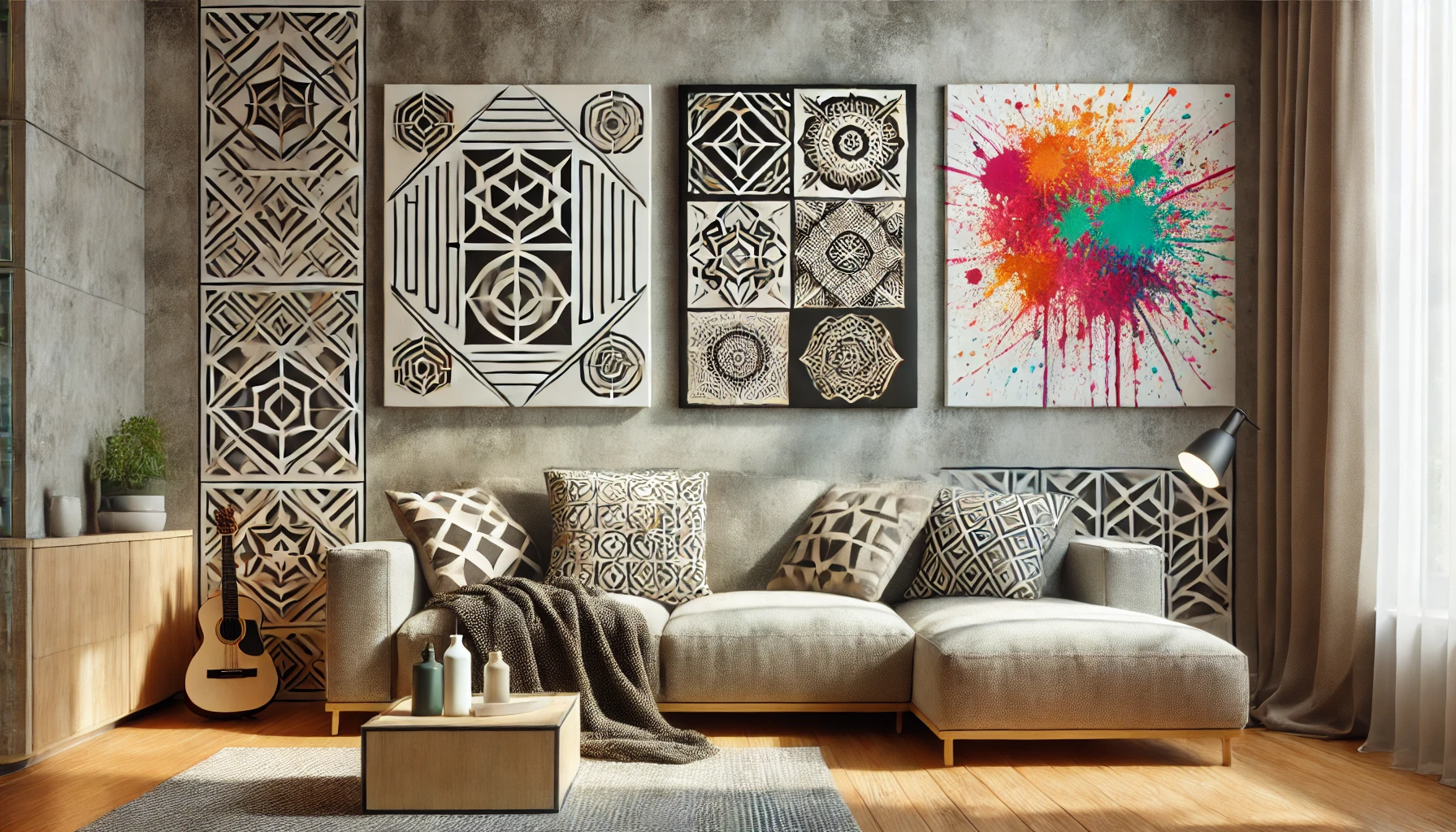 Modern Room With Diy Stencil And Splatter Paint Canvas Wall Art