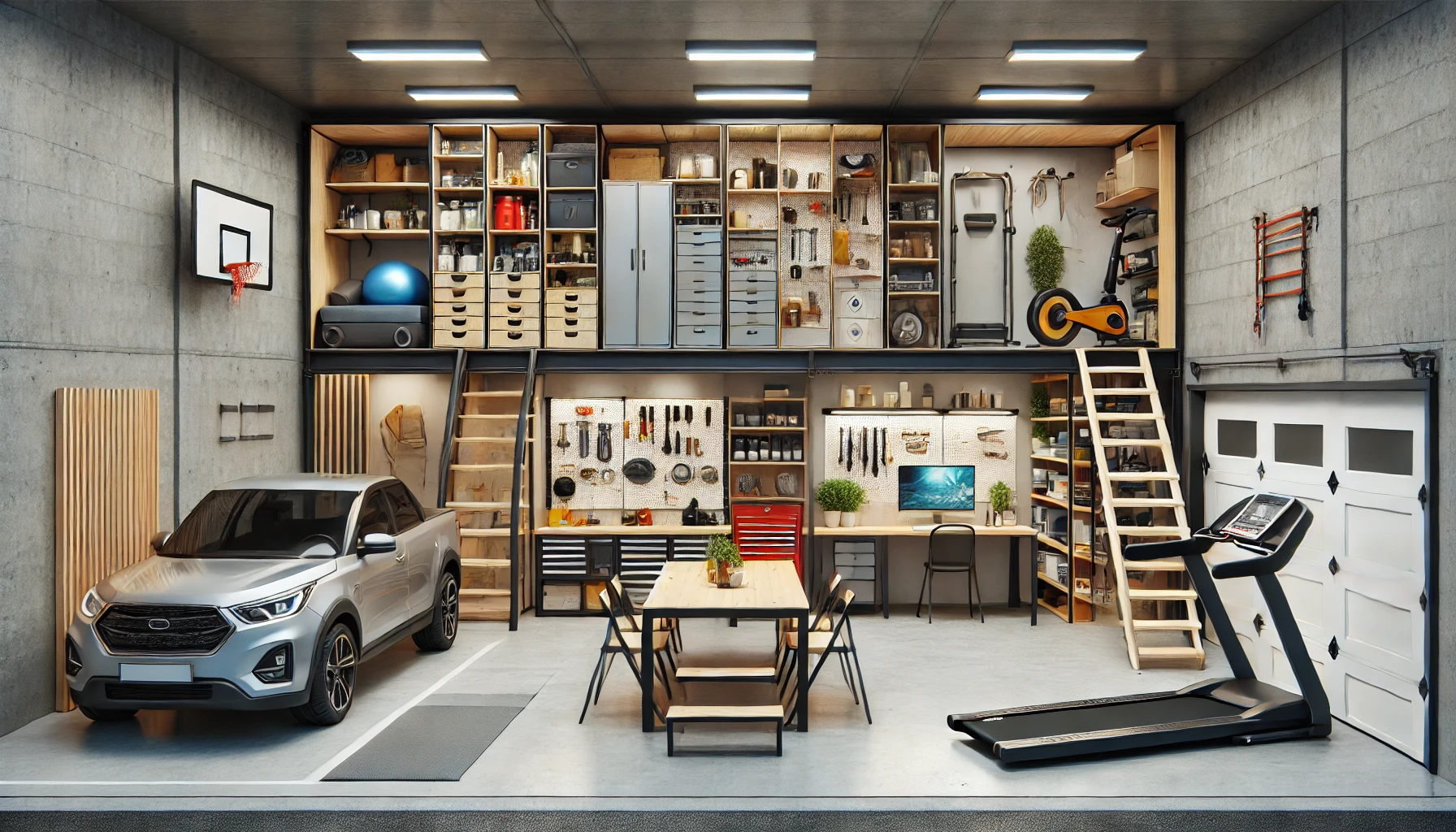 Multi-Purpose Garage with Storage, Workspace, and Recreation Zone