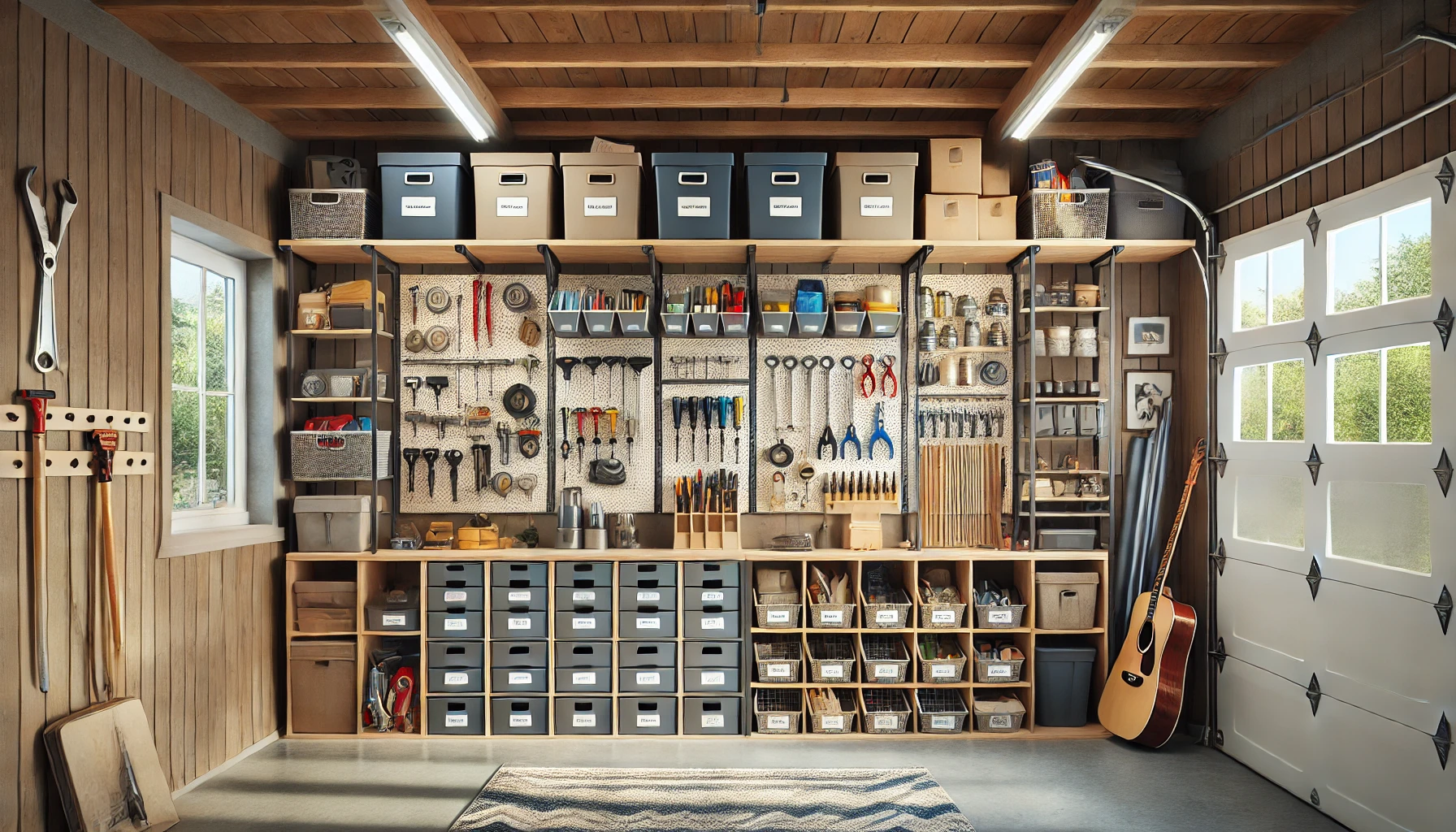 Organized Garage with Wall-Mounted Shelves, Pegboards, and Activity Zones