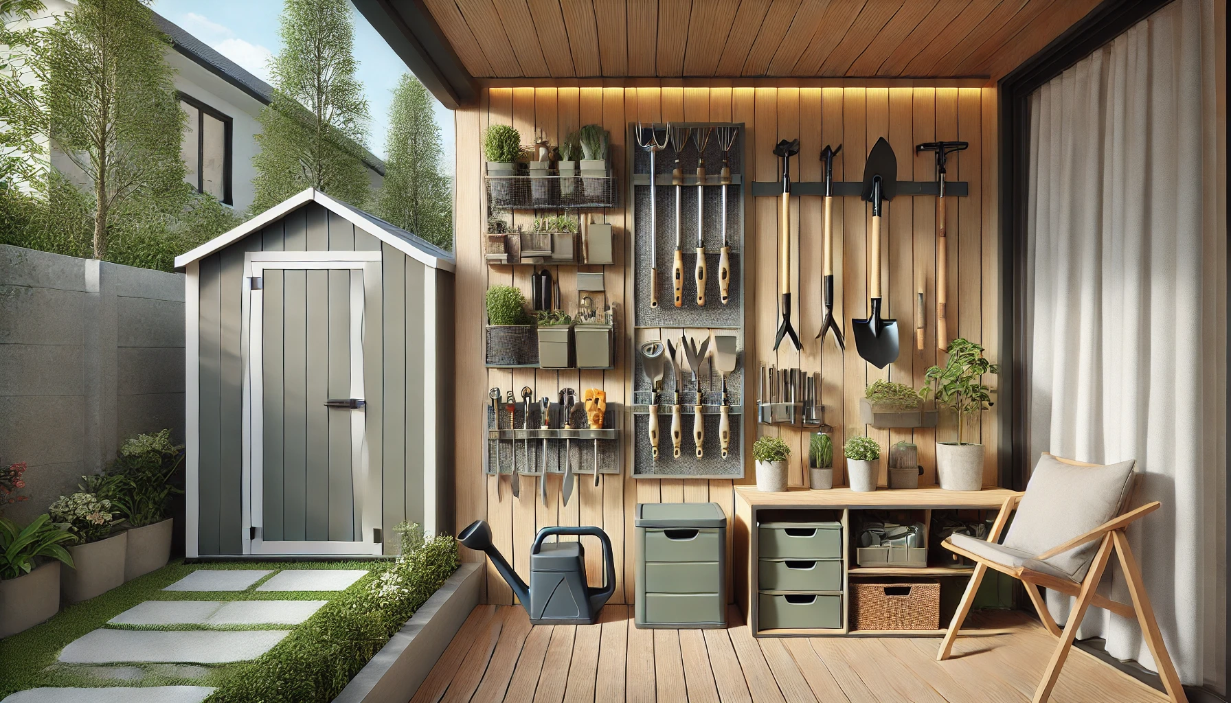 Organized Outdoor Space with Garden Tool Racks and Stylish Storage Shed