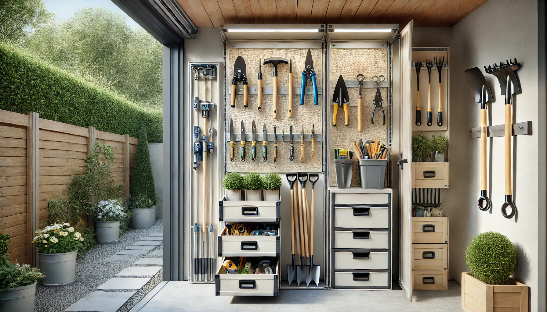 Organized Outdoor Storage Area with Wall-Mounted Tool Racks and Weatherproof Boxes