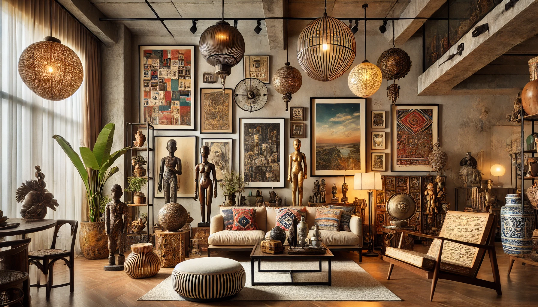 Personalized Eclectic Living Room with Unique Art and Lighting Styles